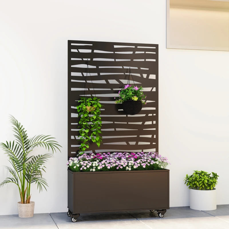 Metal Planter Box with Trellis, Raised Garden Bed with Twigs Slatted Cut-Out Privacy Screen and Wheels