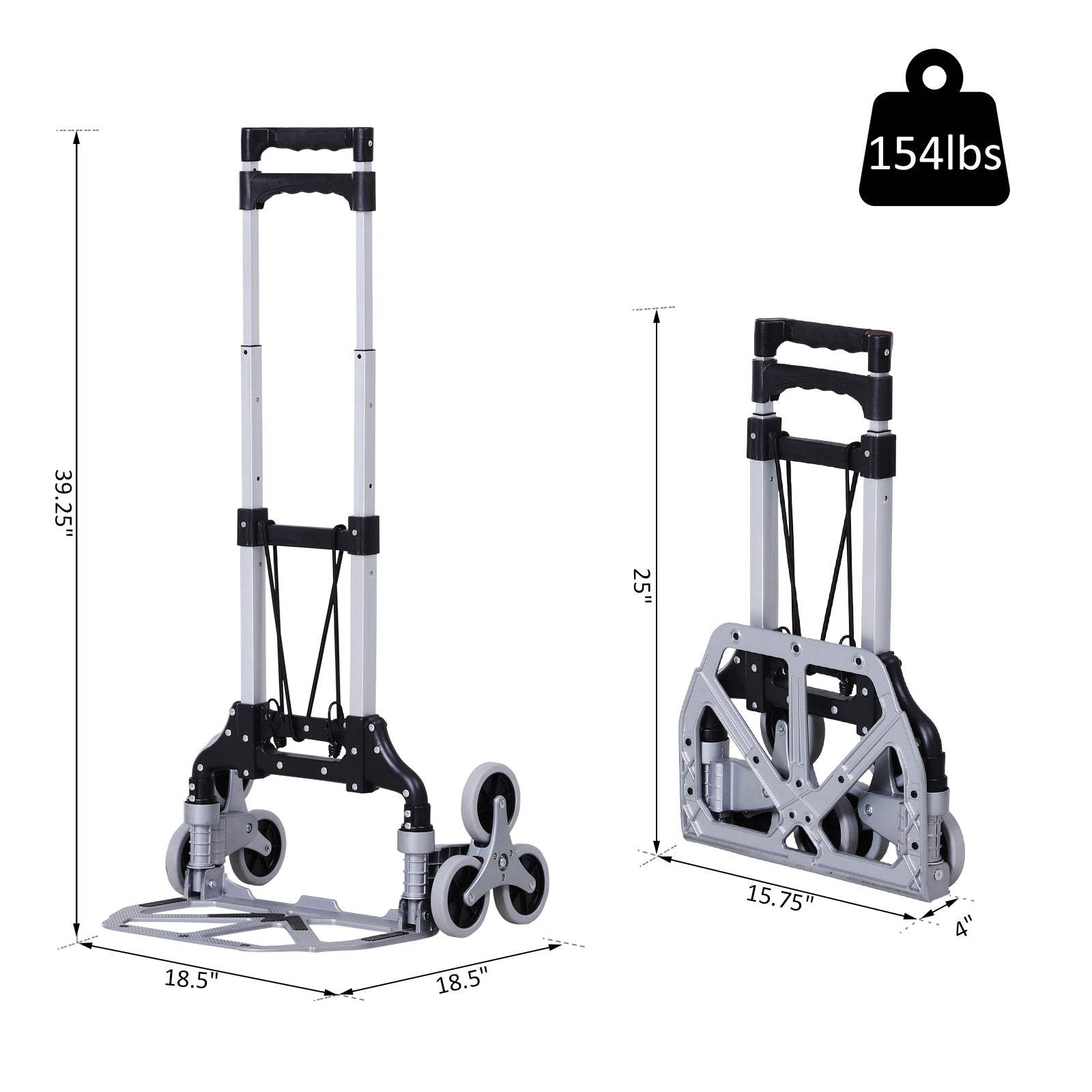 DURHAND Aluminum Ally: 6-Wheel Folding Hand Cart, Up Stairs Design, Portable 154lbs Capacity, Silver Finish