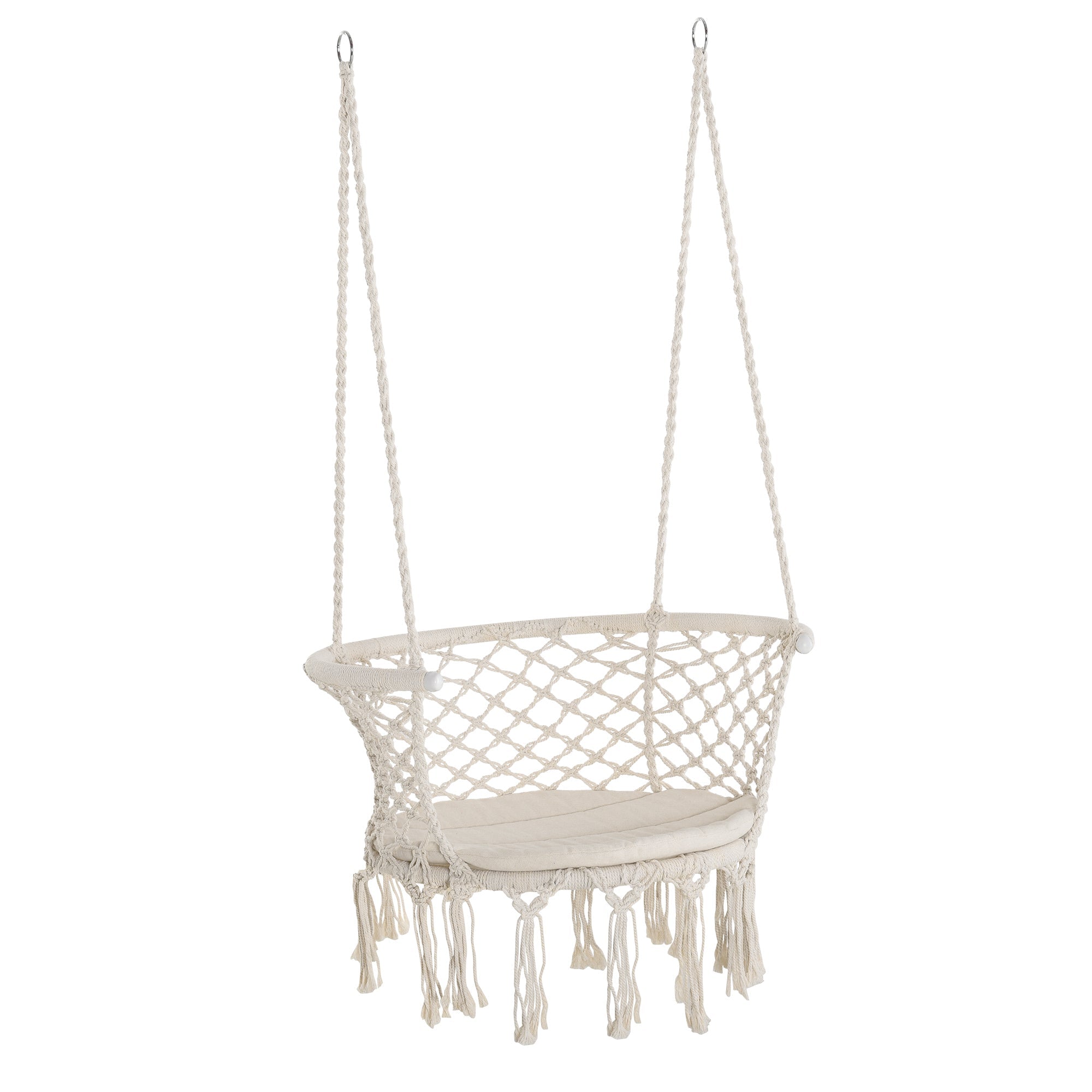 Outsunny Cotton Rope Hanging Hammock Chair Swing with Cushion Metal Frame for Patio Garden Cream White