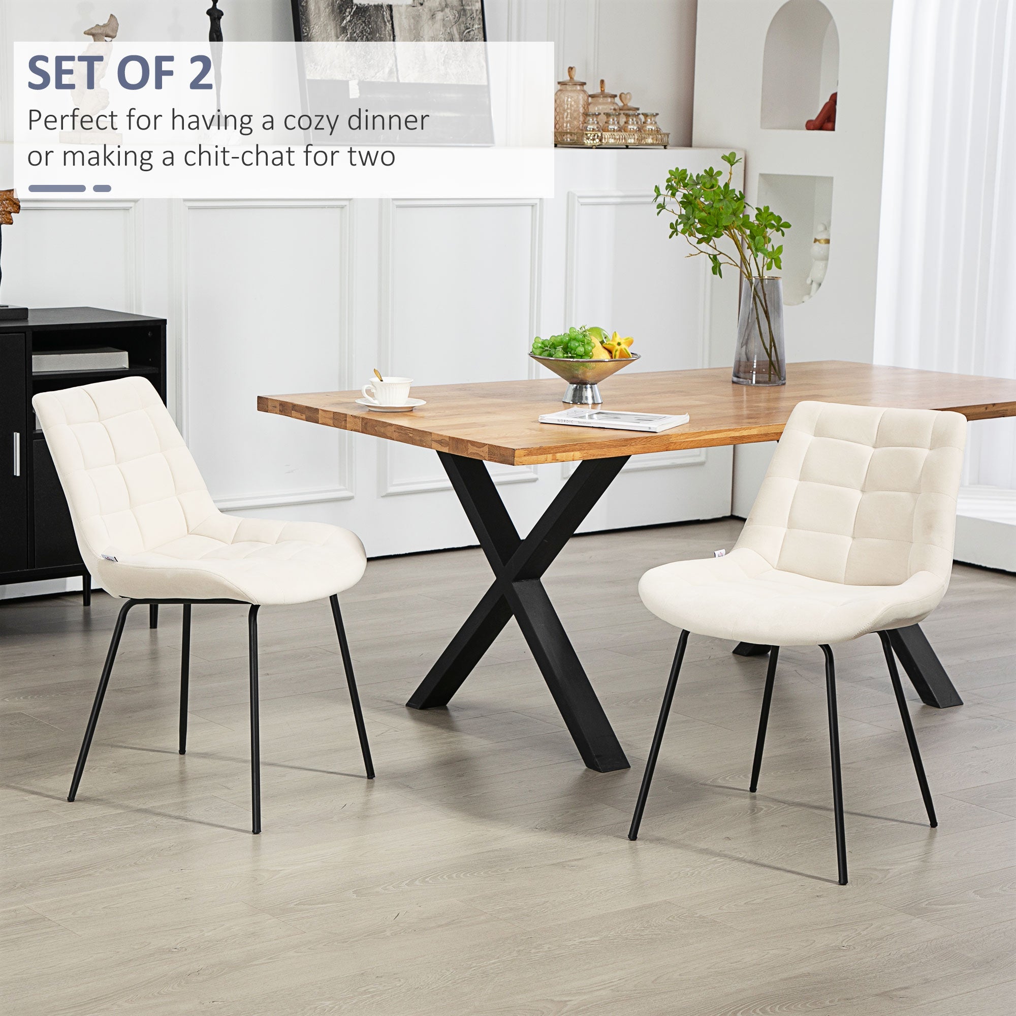 HOMCOM 2 Pieces Dining Chairs, Set of 2 Upholstered Kitchen Chairs with Padded Seat and Steel Legs for Living Room Cream White