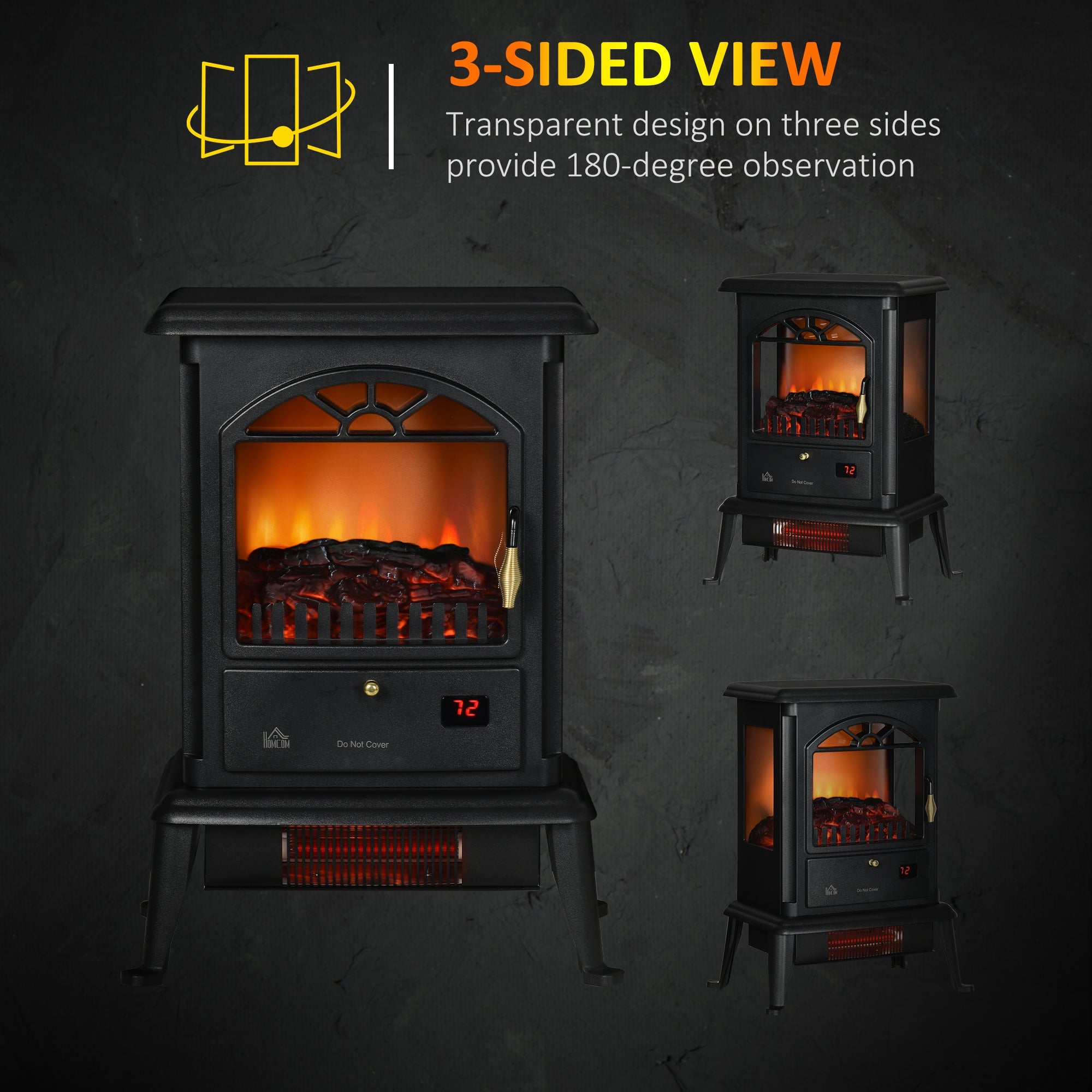 HOMCOM 22" Infrared Electric Fireplace Stove, Freestanding Fireplace Heater with 3D Flame Effect, 1000W/1500W, Black