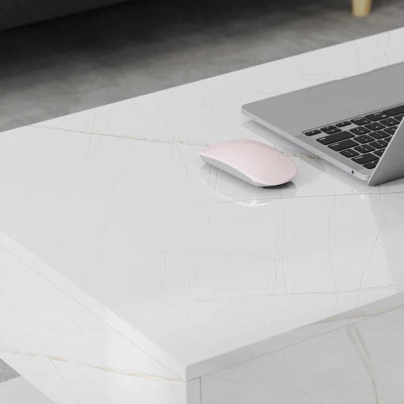 Coffee Table with Adjustable LED Lights, Center Table with 2 Drawers, Open Shelf, Remote, High Gloss Marble-Effect White