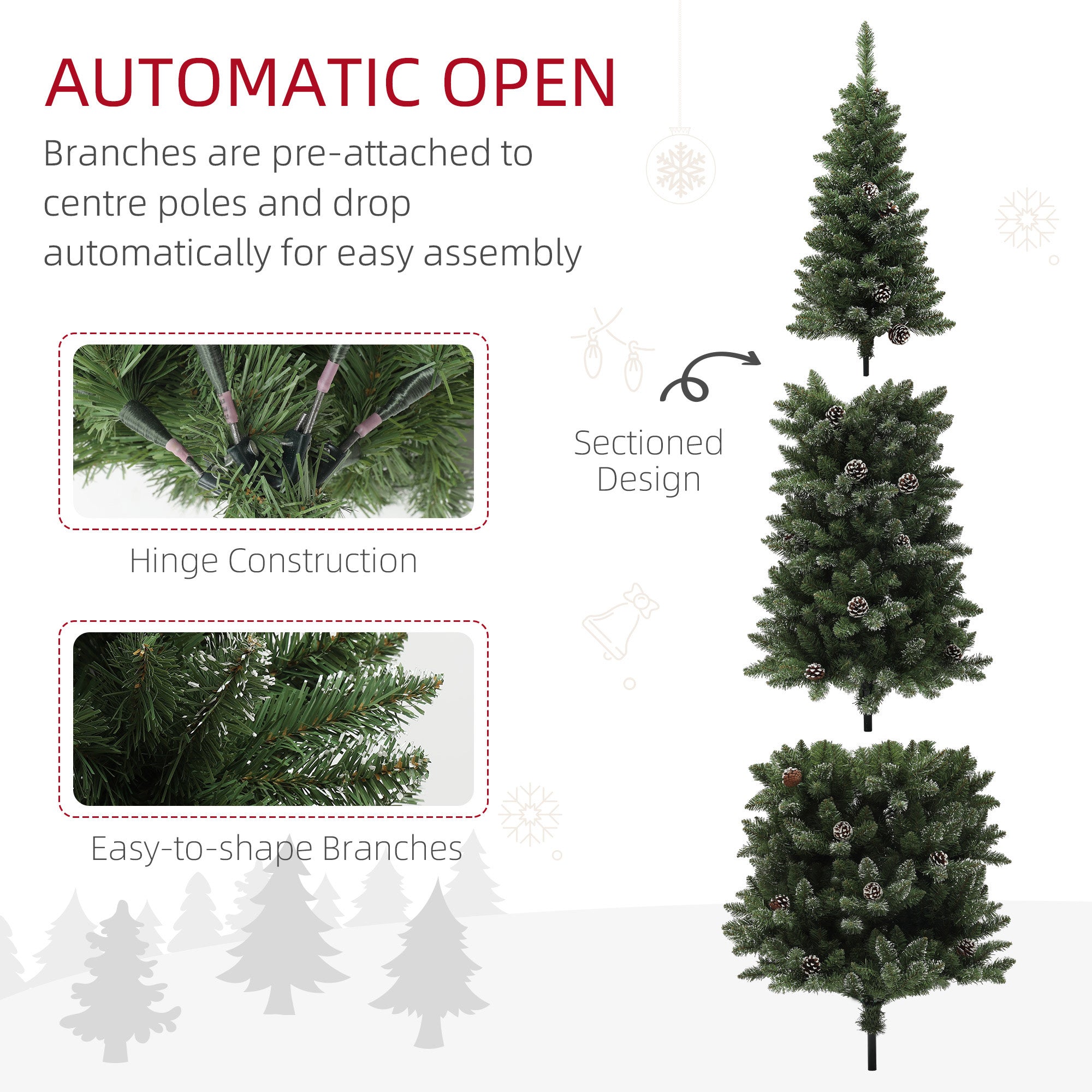 HOMCOM 7ft Artificial Pencil Christmas Tree with 980 Branches, Pinecones, Metal Stand, Realistic Xmas Tree for Home