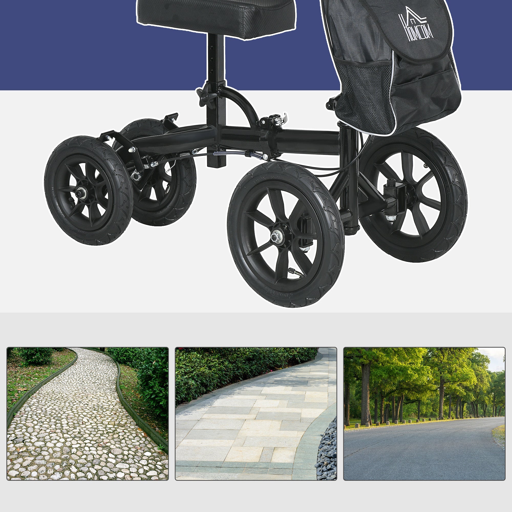 HOMCOM Knee Walker Steerable Scooter Foldable Crutch Alternative Dual Brakes Rubber Wheels Adjustable Height Black