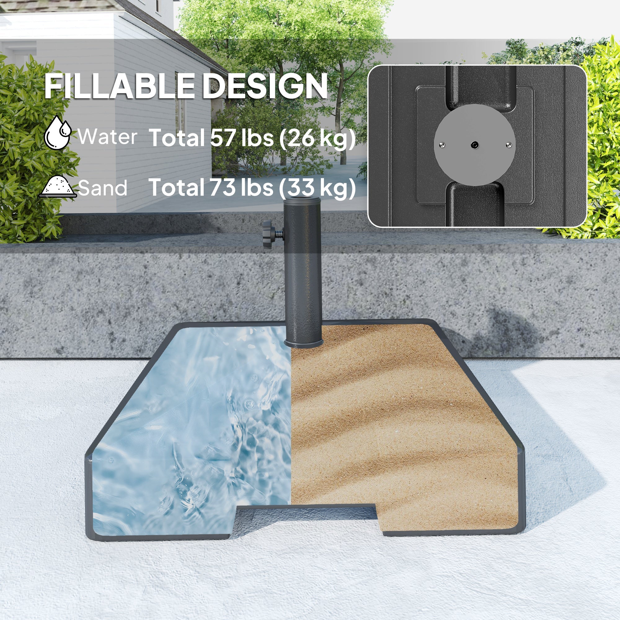 Outsunny Patio Umbrella Base with Wheels Handle, Heavy Duty Outdoor Umbrella Stand Base, Filled Up to 73lbs with Stand or 57lbs with Water for Garden, Poolside, Black