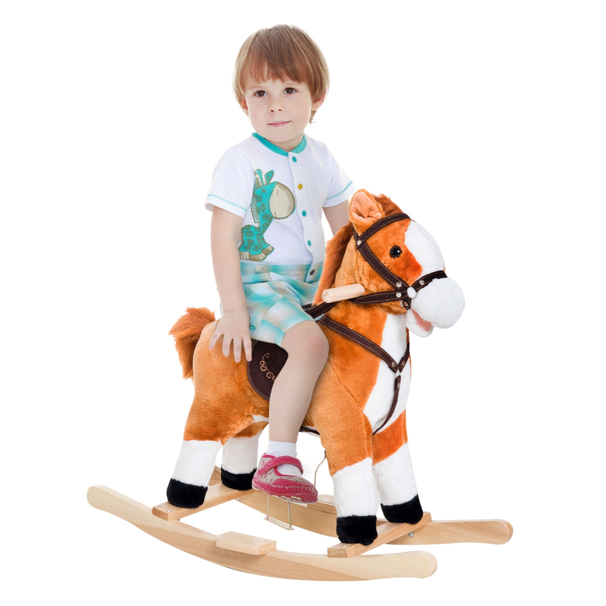 Qaba Kids Rocking Horse Poney Child Plush Ride on Toy w/ Realistic Sound Red Brown