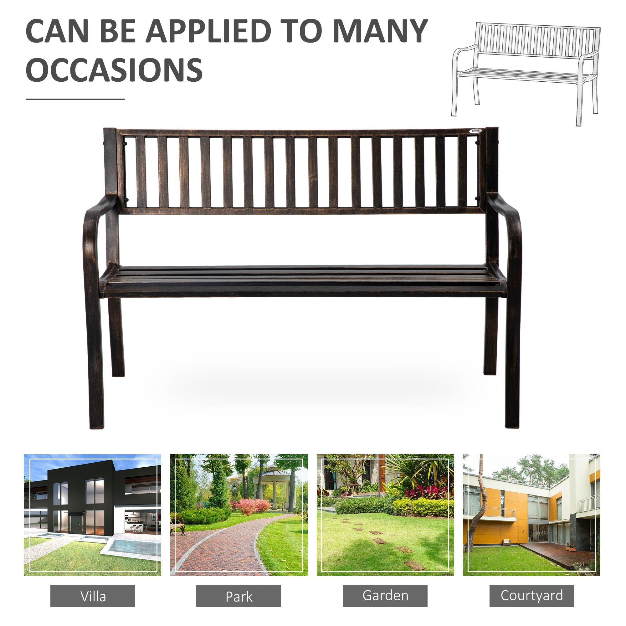 Outsunny Steel Garden Bench 50" Patio Metal Park Chair Ergonomic Design Brown