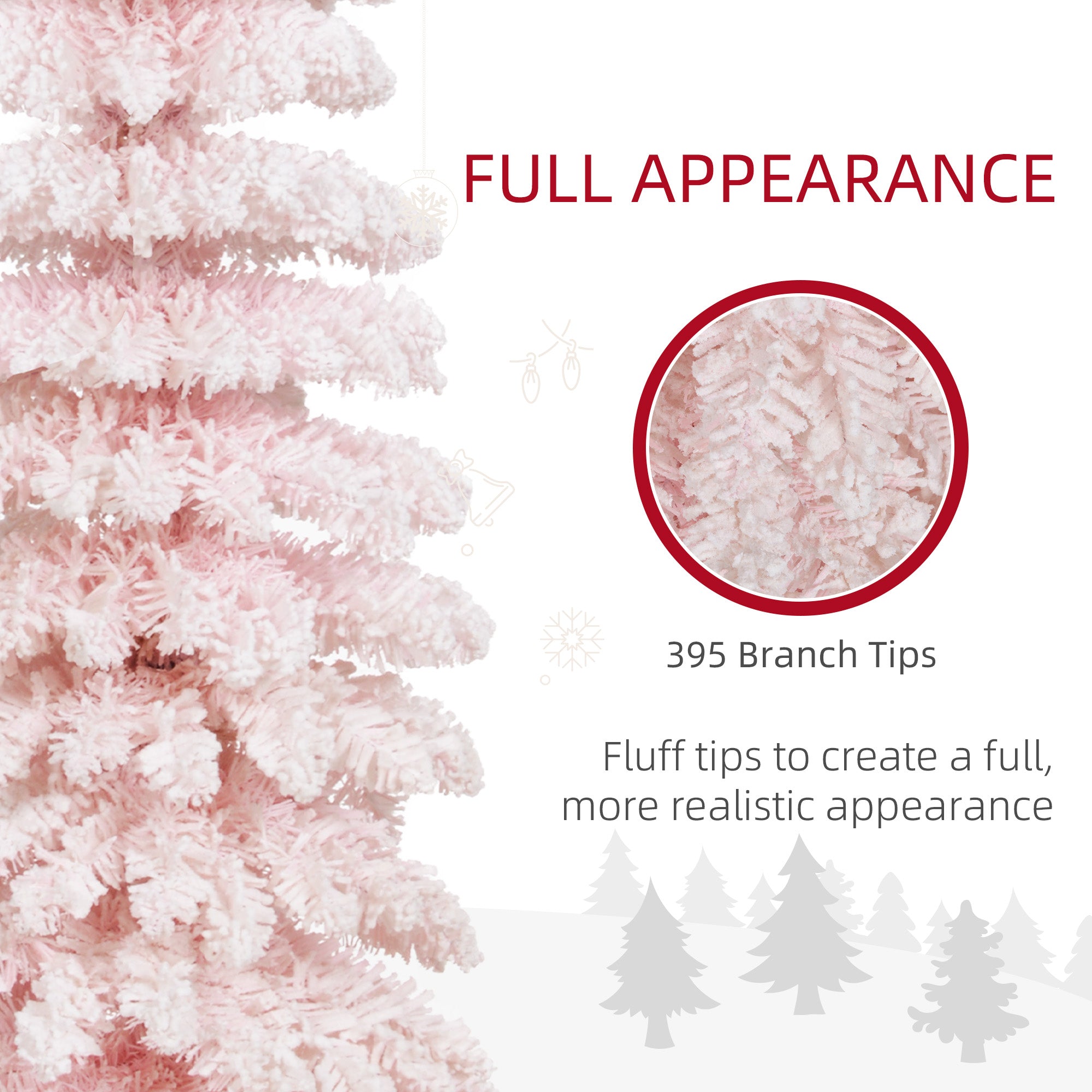 HOMCOM 6ft Snow-Flocked Artificial Christmas Tree, Slim Pencil Xmas Tree with 395 Realistic Branches, Metal Base, Pink