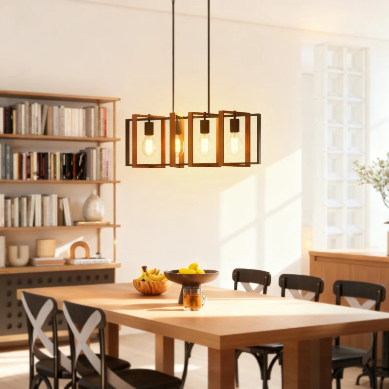 Farmhouse Kitchen Island Lighting, Linear Pendant Light with 4 Rotatable Frames and Adjustable Height, Walnut