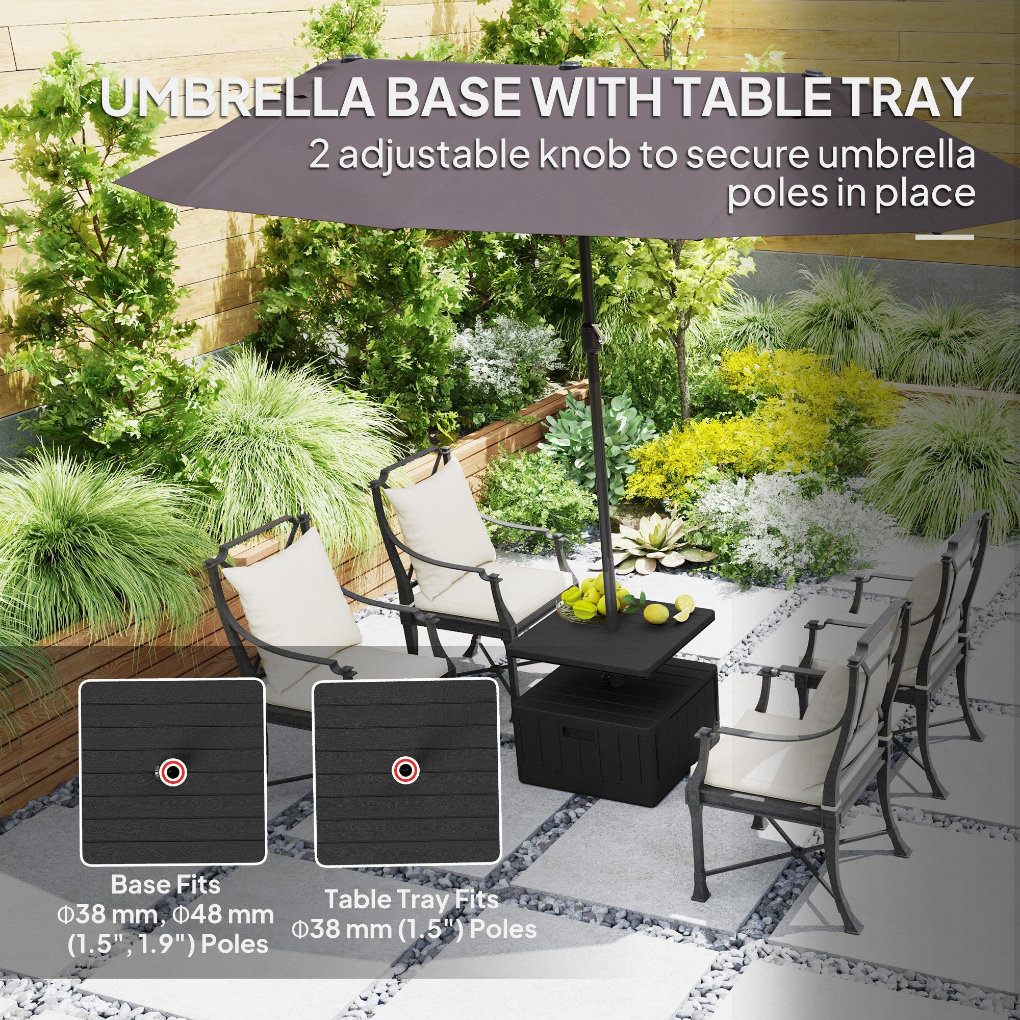 Outsunny Patio Umbrella Weighted Base with Table Tray, Heavy Duty Umbrella Base with Wheels Handles, 176lbs with Stand Filling, Patio Umbrella Stand Base for Garden Poolside, Black