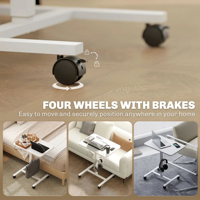 Height Adjustable Standing Desk, Pneumatic Sit Stand Desk with Wheels and Headphone Hook, White Wood Grain