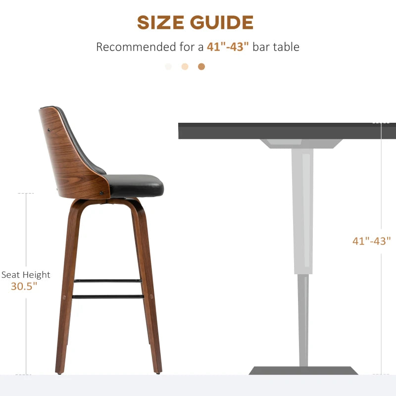Bar Height Bar Stools Set of 2, PU Leather Upholstered Swivel Barstools with Solid Wood Legs Footrest and Tufted Back, Black
