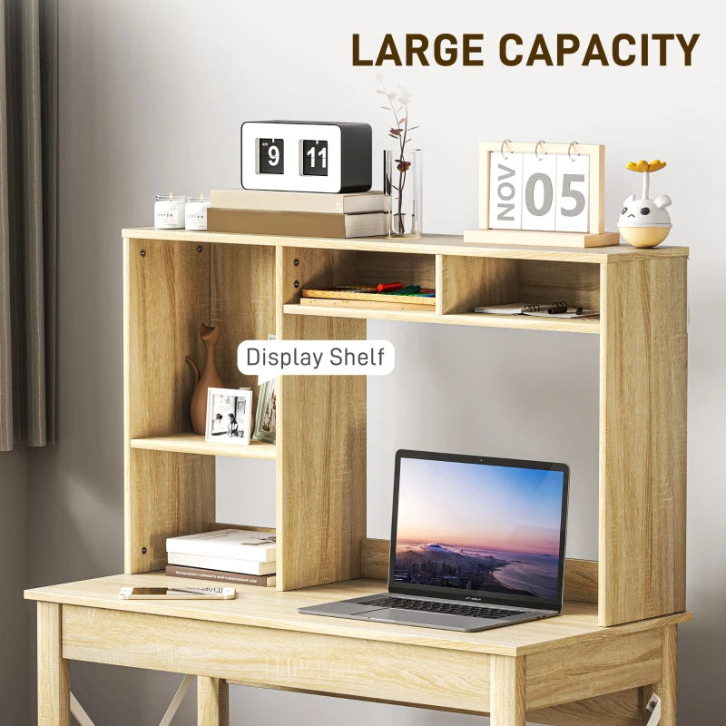Computer Desk with Hutch, Home Office Table with Storage Shelves and Open Compartments for Writing, Work, Oak