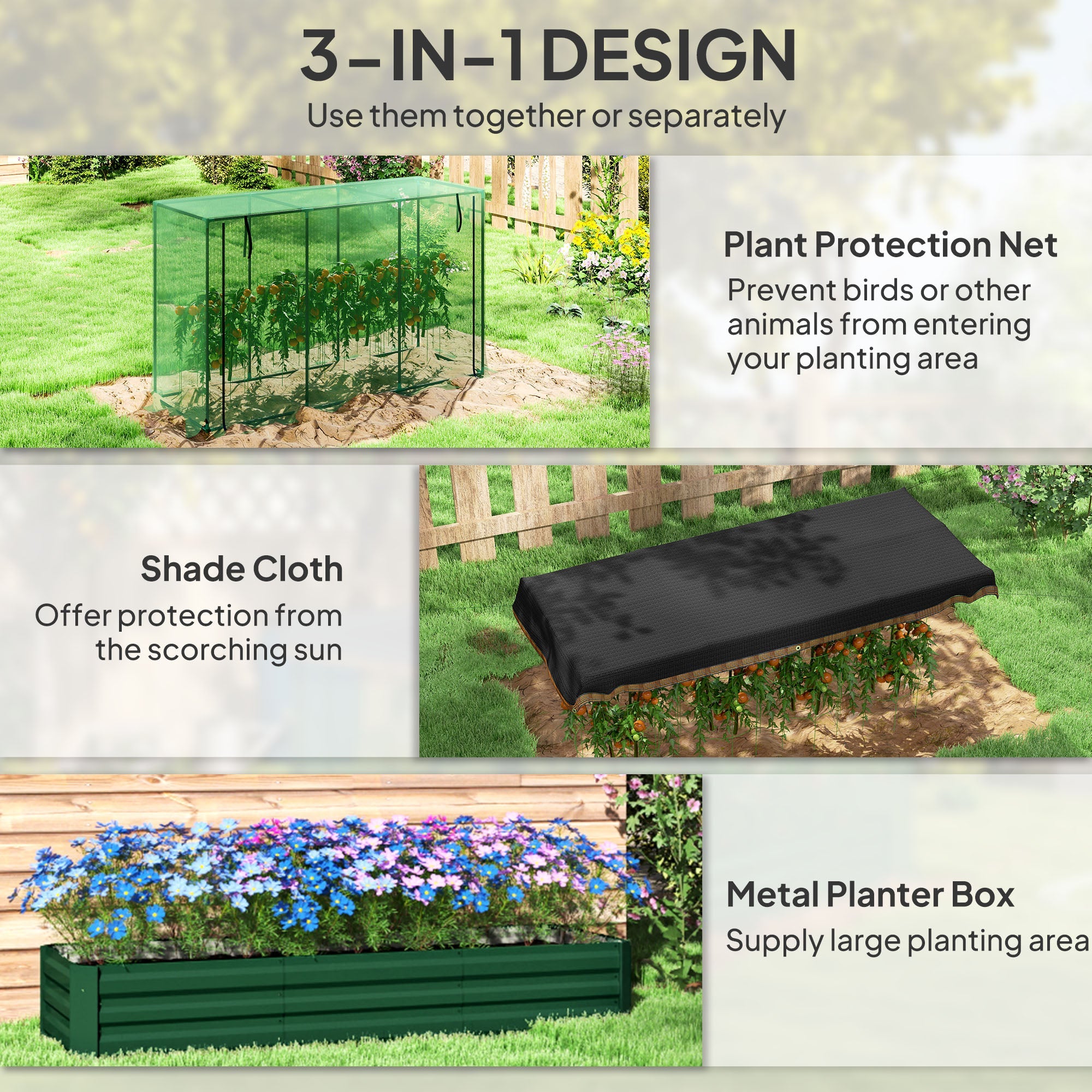 Outsunny Galvanized Steel Planter Box with Crop Cage and Shade Cloth, Raised Garden Bed for Flowers, Vegs and Herbs, Green