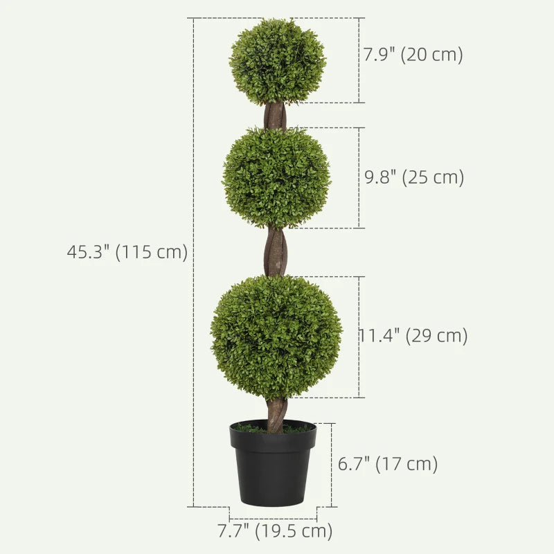 Set of 2 Artificial Ball Boxwood Topiary Trees, Fake Plants in Pots for Indoor Outdoor Decor, Green