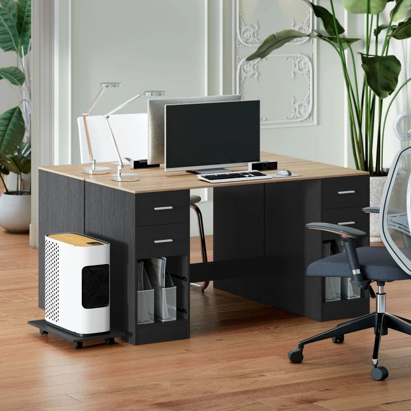 Office Desk, 55" Computer Desk with 4 Reversible Drawers, Mobile PC Stand, Adjustable Shelf, Black Wood Grain