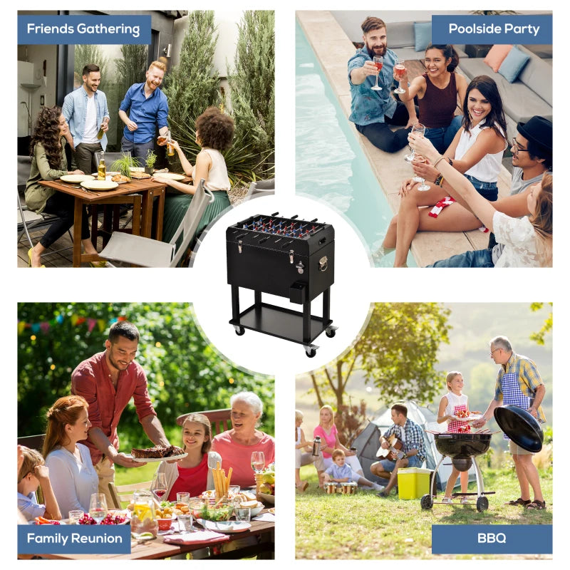 68QT Patio Cooler Ice Chest with Foosball Table Top, Portable Poolside Party Bar Cold Drink Rolling Cart on Wheels with Tray Shelf Black