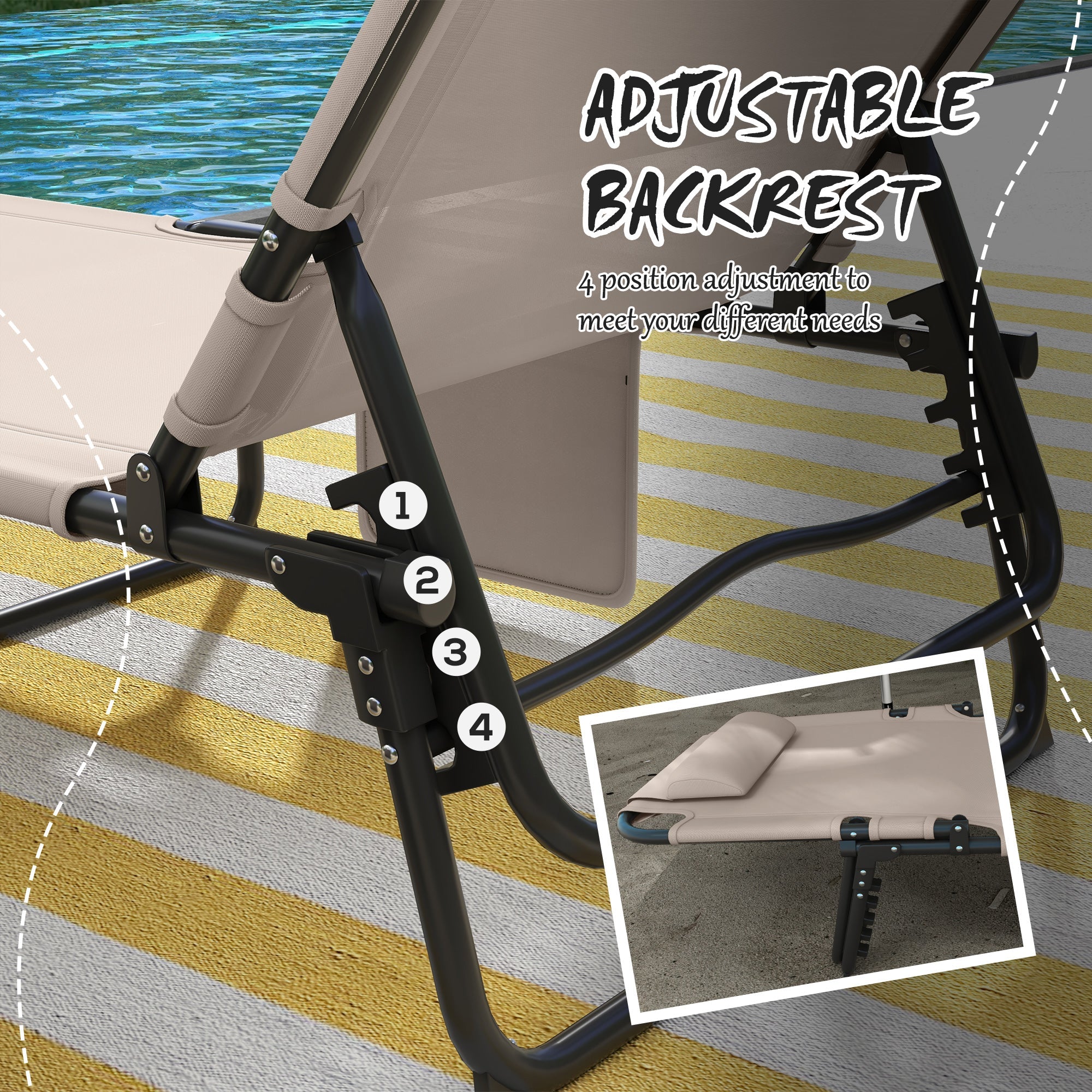 Outsunny Breathable Bliss: Folding Lounge Chair with Reclining Back, Cushioned Mesh Fabric, Side Pocket, and Headrest, Beige
