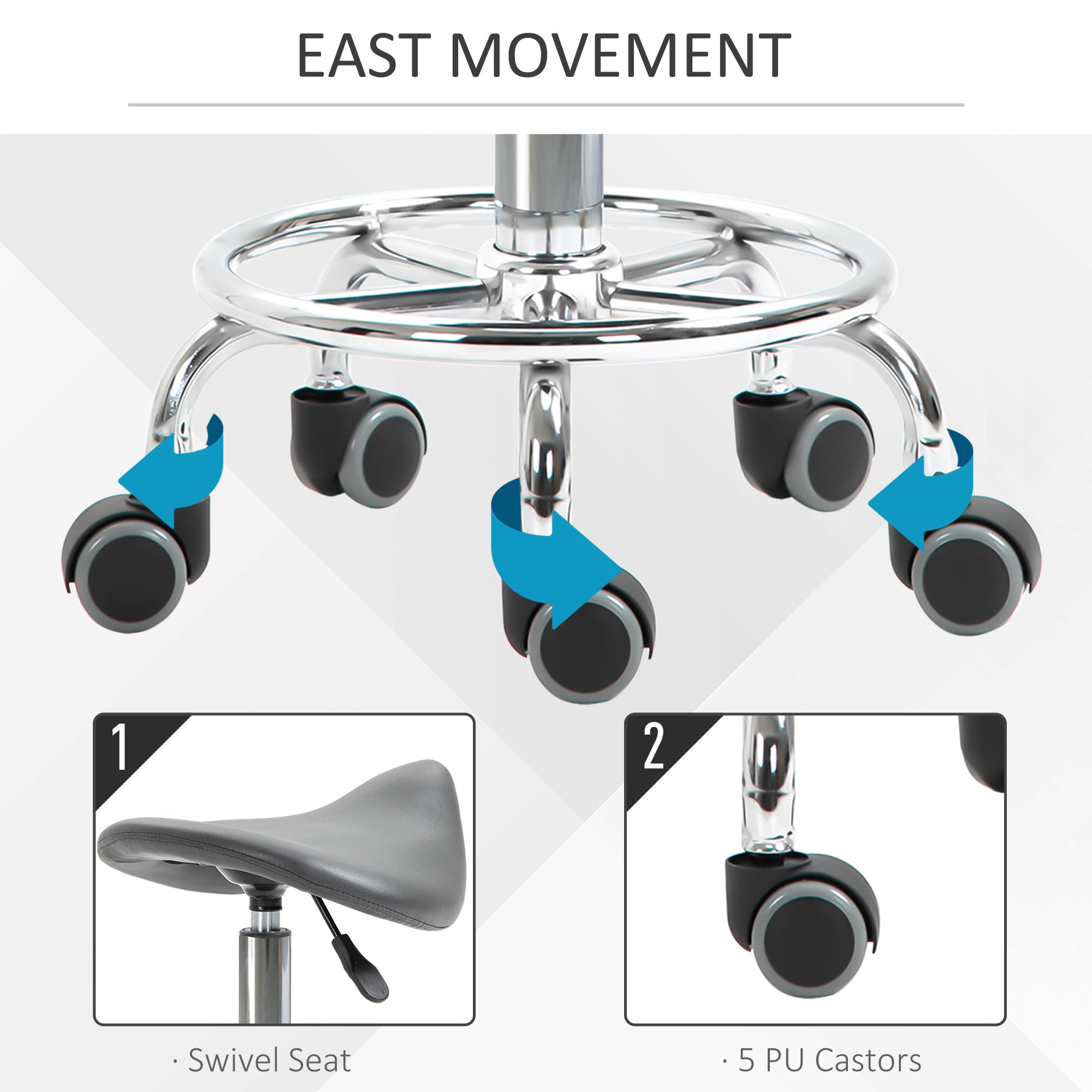 HOMCOM Saddle Stool PU Leather Adjustable Rolling Salon Chair Grey for Massage Spa Clinic Beauty Tattoo