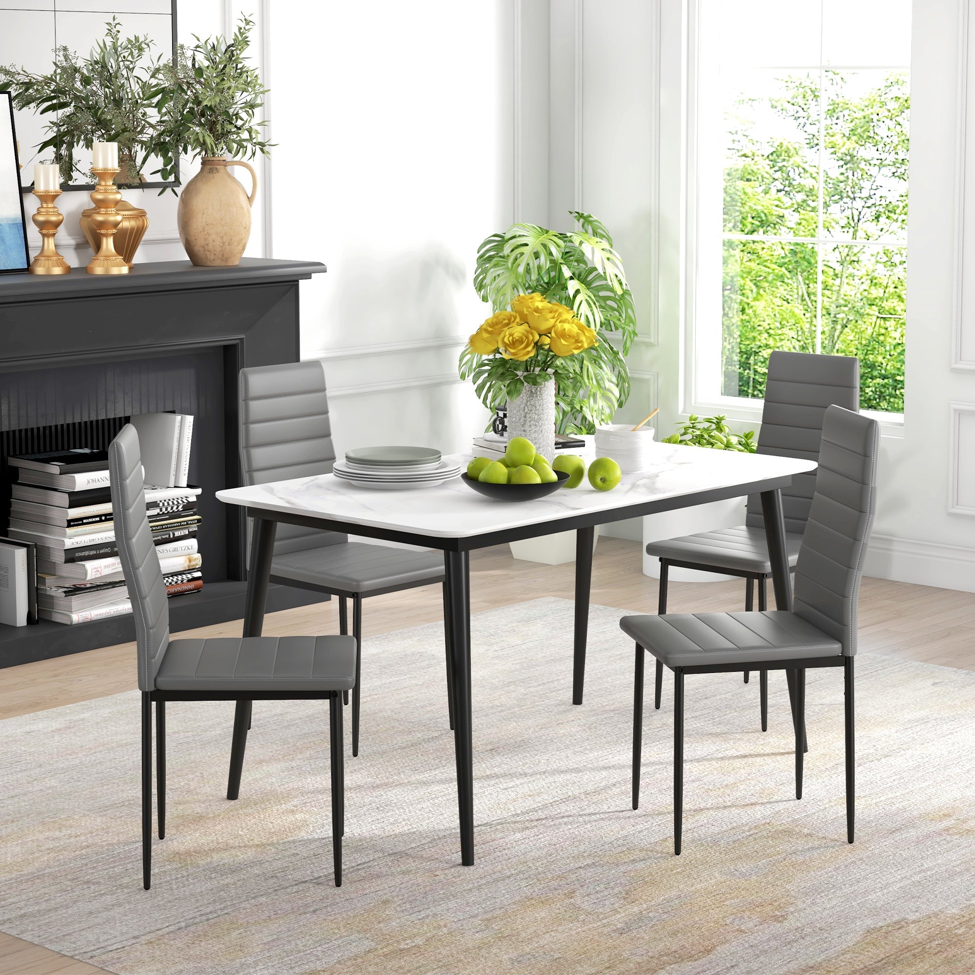 HOMCOM Dining Chairs - Modern Set of 4, High Back with PU Leather Upholstery & Metal Legs in Grey