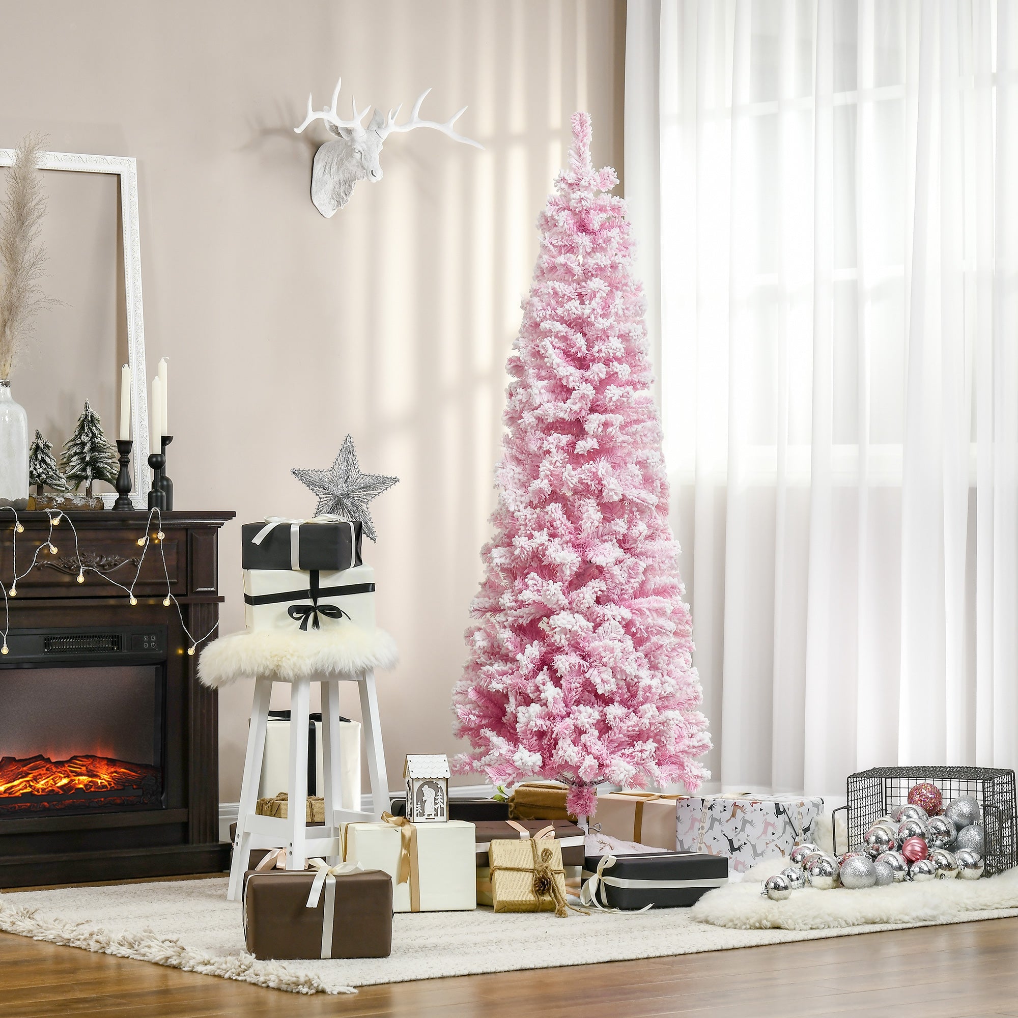 HOMCOM 6 Foot Snow Flocked Artificial Christmas Tree Pencil Xmas Tree with 520 Realistic Branches, Auto Open and Steel Base, Pink