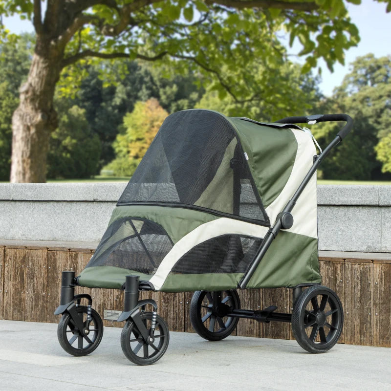Foldable Pet Stroller for Large Dogs with Four Big Wheels, Shock-Absorbing Frame, Safety Leashes, Brakes, Dark Green