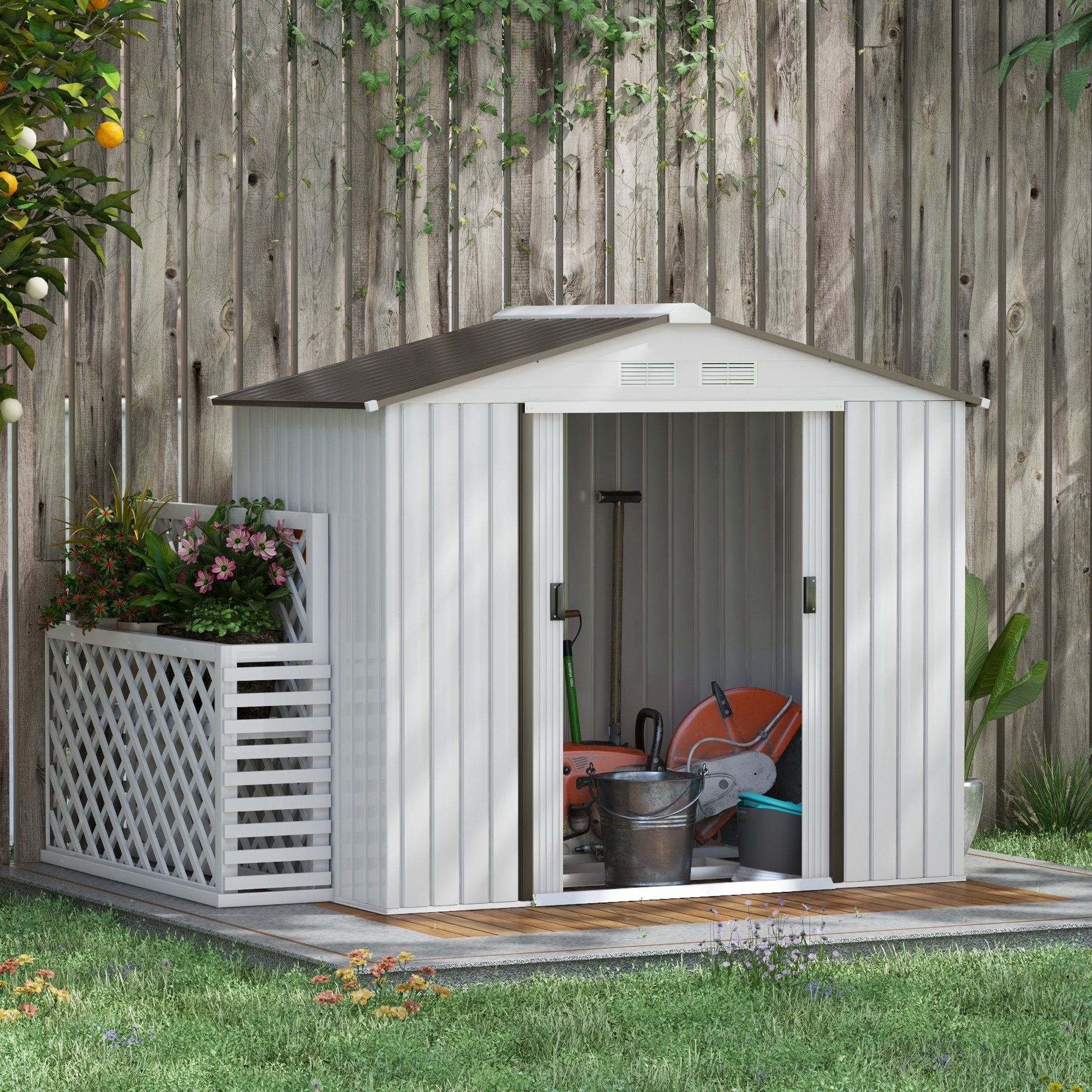 Outsunny 7'x4.3'x6.1' Metal Garden Shed: Outdoor Tool Storage with Foundation, Double Doors in Silver Finish