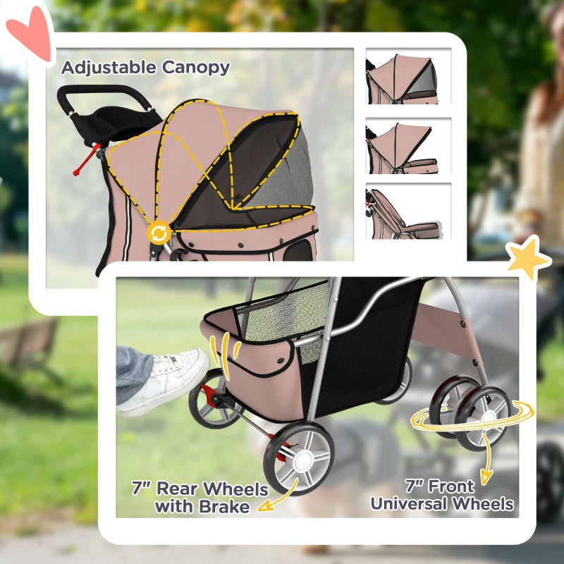 Pet Stroller for Dogs & Cats, Foldable Dog Stroller with Wheels, Reflective Strips, Brake, Pad and Basket, Coffee