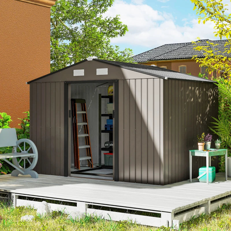 9.1'x6.4'x6.3' Garden Storage Shed w/ Foundation Kit Metal Tool Storage House w/ Double Doors Brown