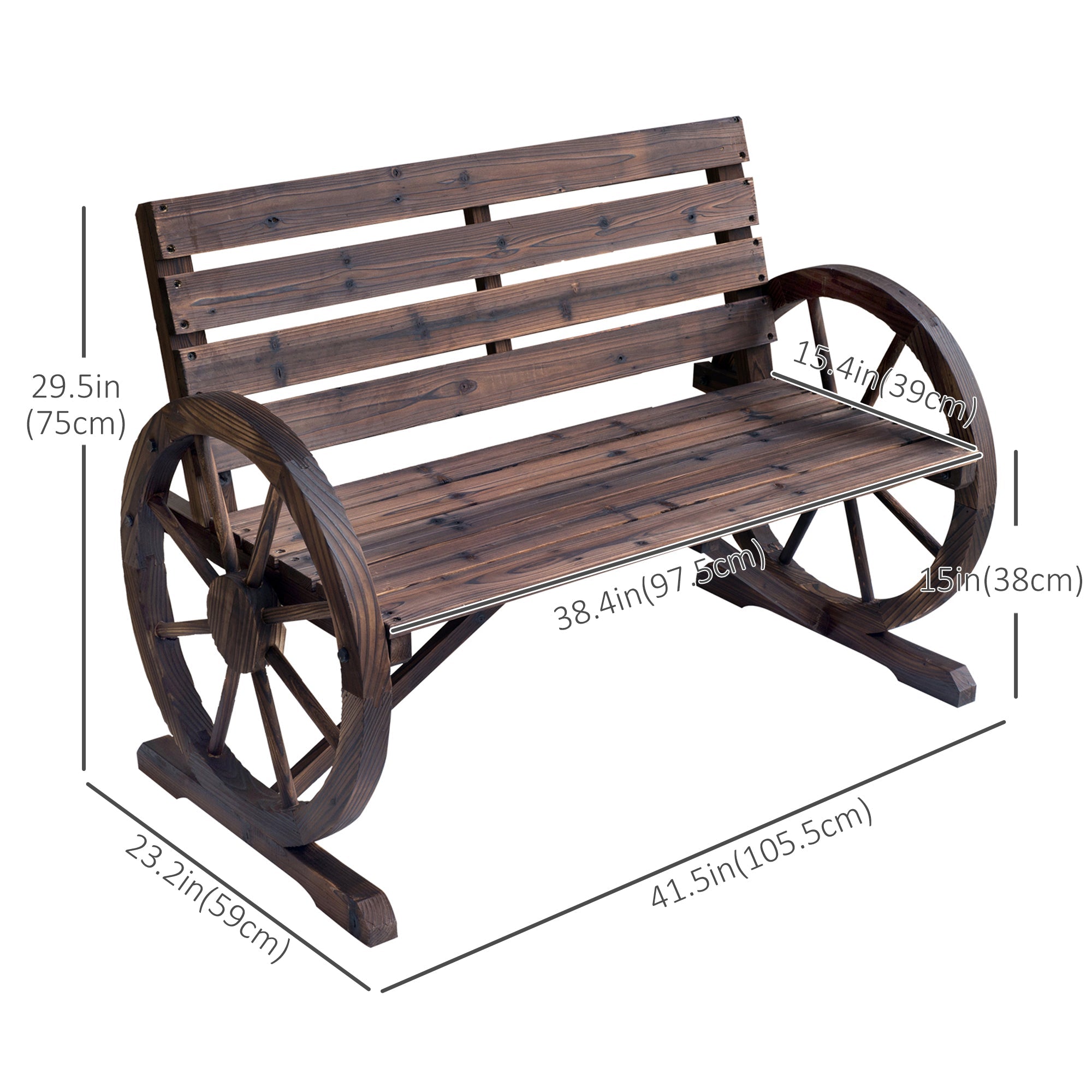 Outsunny 42" Wood Wagon Wheel Bench Rustic Garden Loveseat Outdoor Lounge Chair Brown