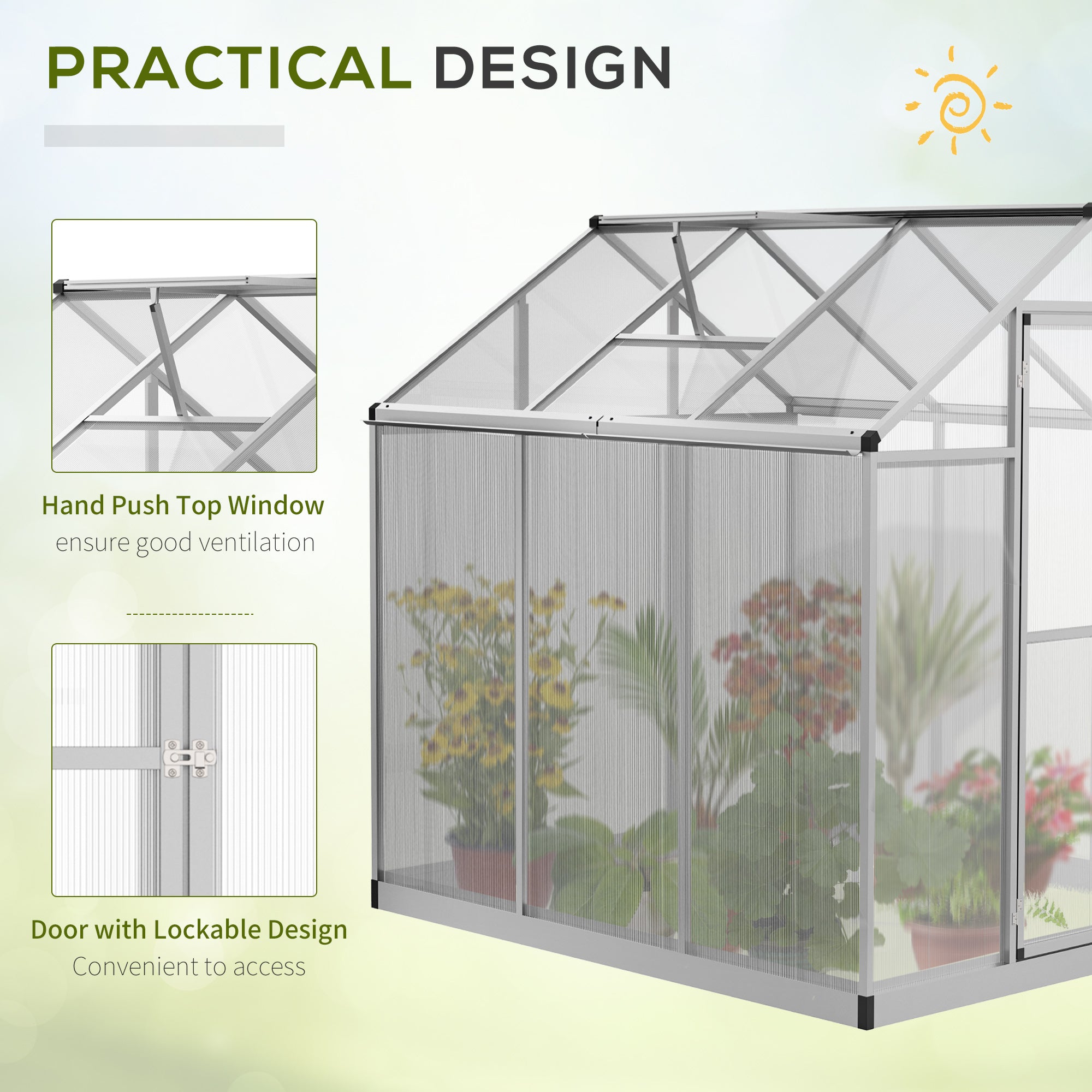 Outsunny Walk-In Greenhouse 6'x6' Polycarbonate Plant Flower Growth Cold Frame Weather Resistant Gardening Planting Growing Clear