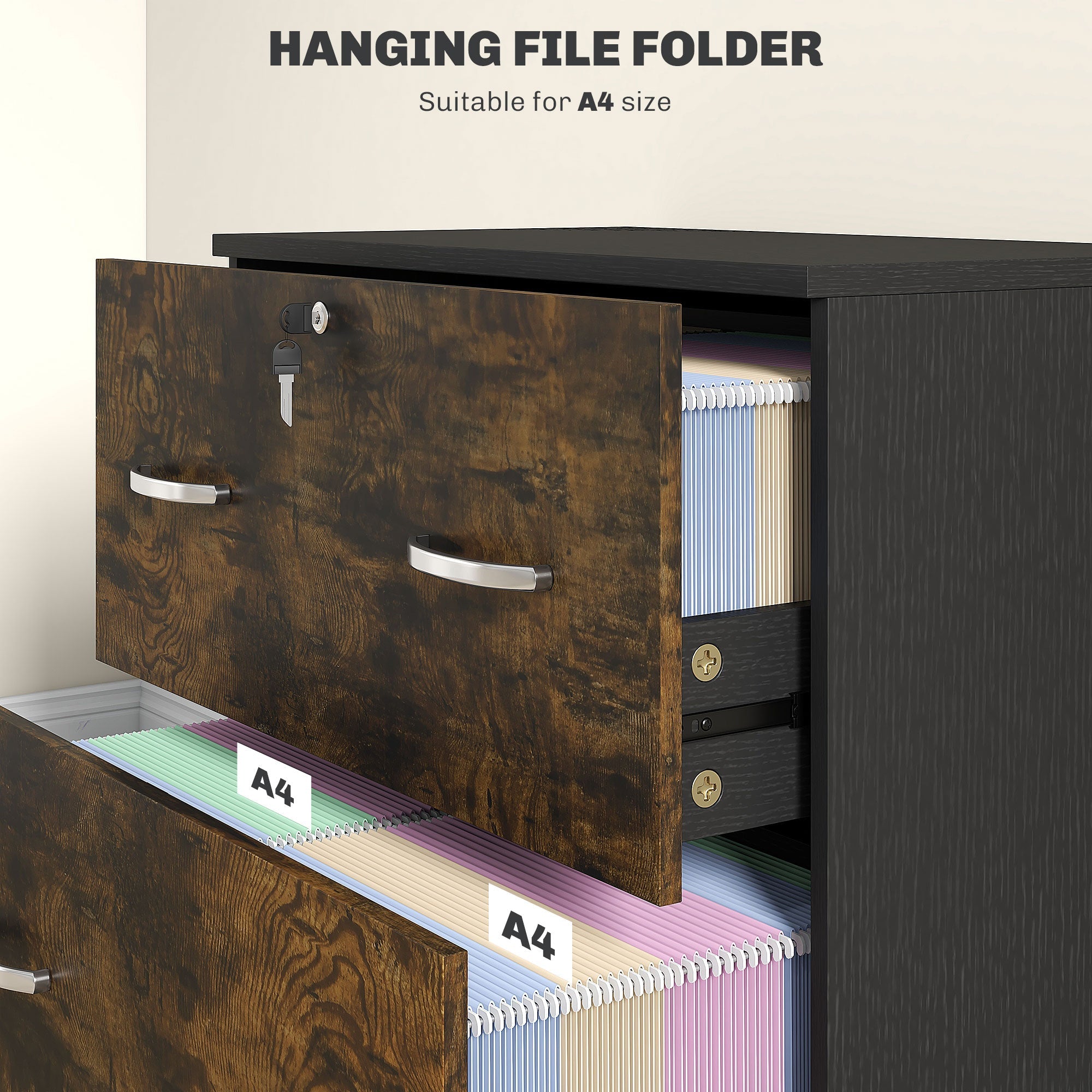 Vinsetto 2 Drawer File Cabinet with Lock, Office Filing Cabinet, Hanging Bar for Letter Size, Home Office, Rustic Brown