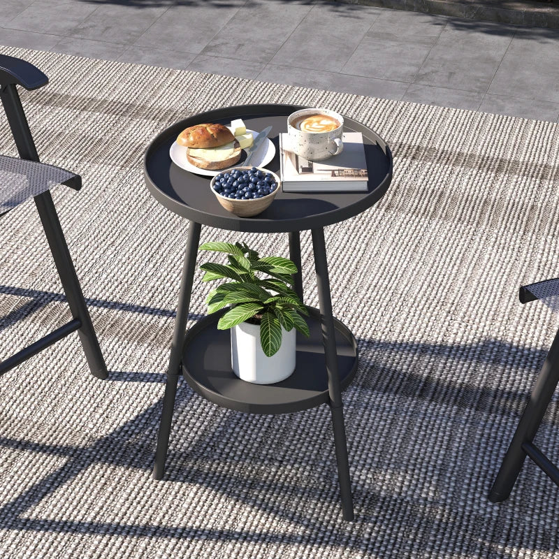 Round Garden Table, 2-Tier Small Side Table, Metal Patio Table Coffee Table Dining Table, Black