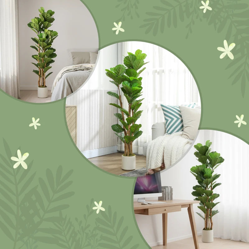 5FT Artificial Fiddle Leaf Fig Tree Set of 2, Fake Potted Tree with Solid Wood Trunks for Indoor Decor, Green