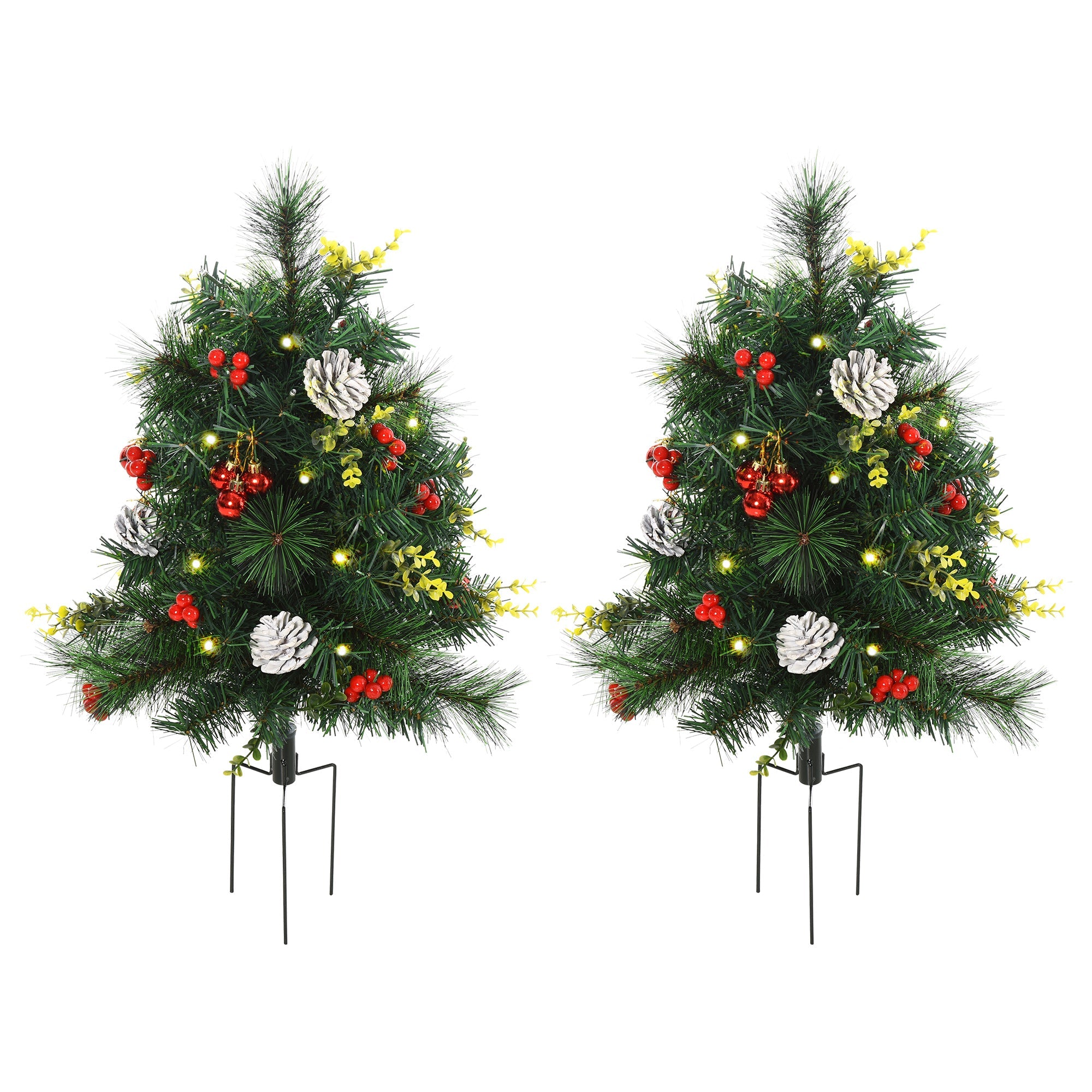 HOMCOM 2.5ft Twin Pack Prelit Mini Artificial Christmas Trees with LED Lights, Berry, Pine Needles & Pinecones Decor
