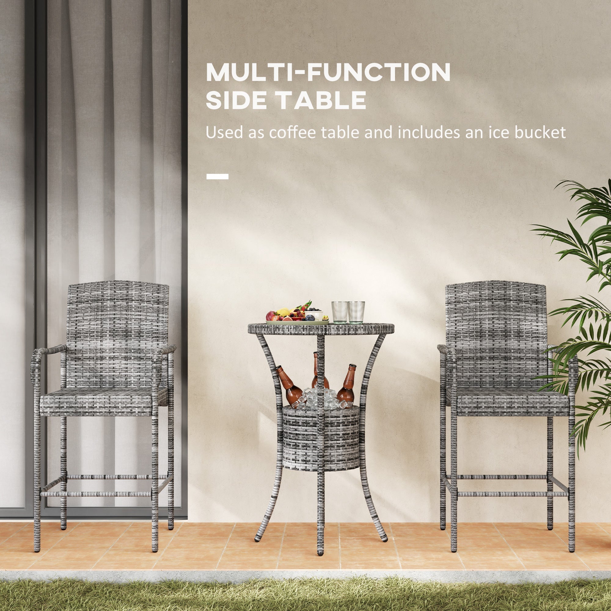 Outsunny 3 Pieces Patio Bar Set, Rattan Bistro Table and Chairs, Outdoor Conversation Furniture Set with Ice Bucket, Mixed Grey