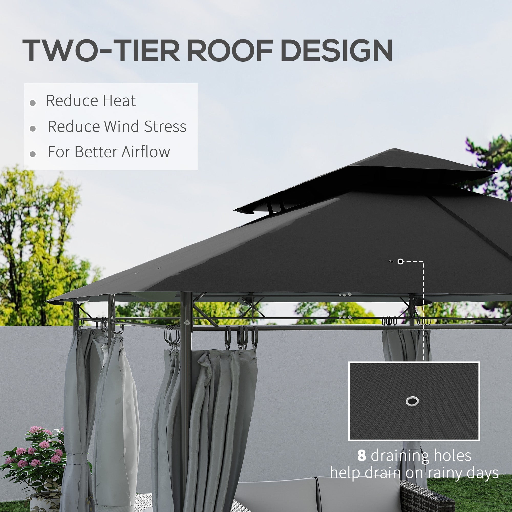 Outsunny 10' x 13' Double Roof Patio Gazebo, Outdoor Gazebo with Curtains, for Garden, Lawn, Backyard and Deck, Dark Grey