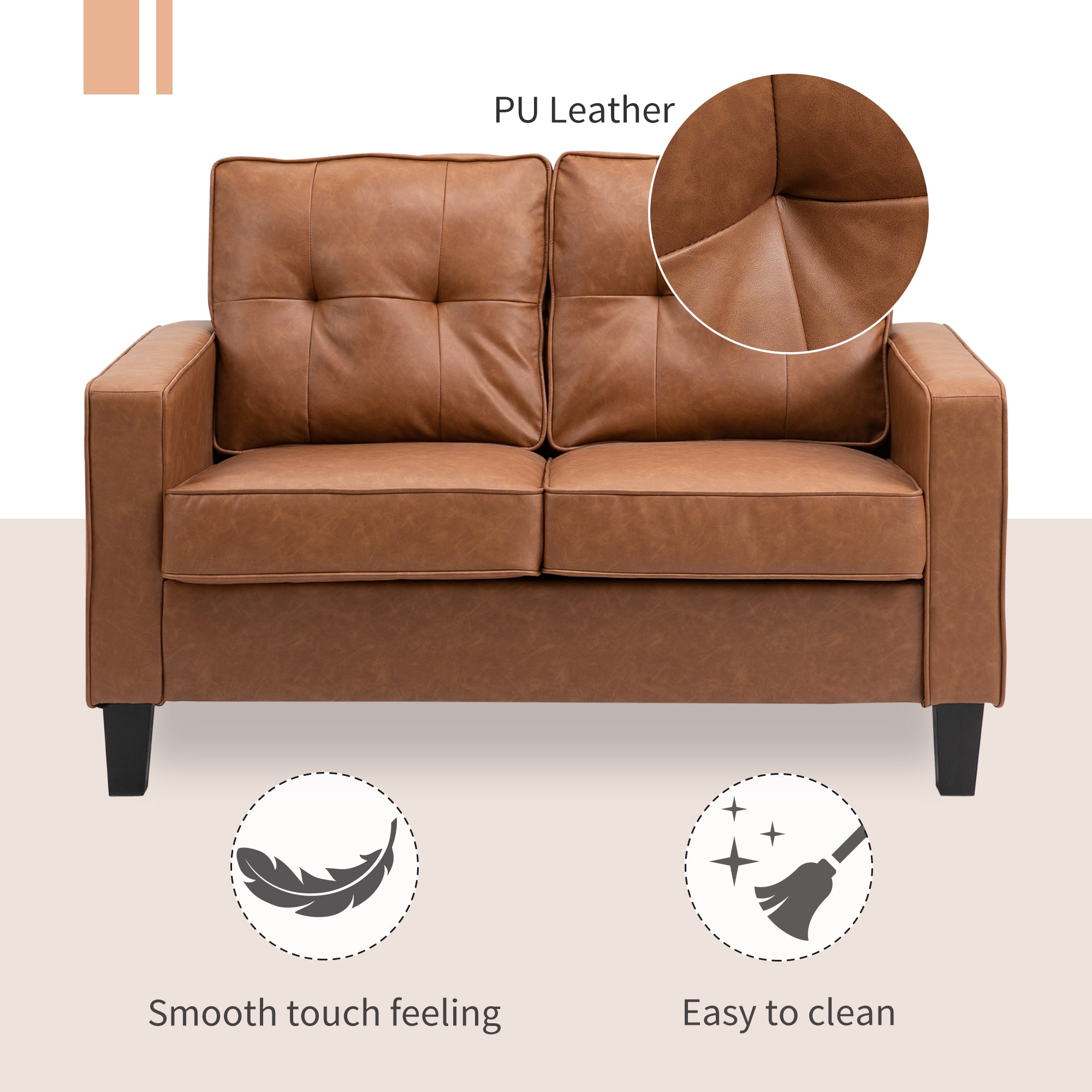 HOMCOM Brown 51" PU Leather Double Sofa with Sponge Padding and Tufted Back Comfortable Seating