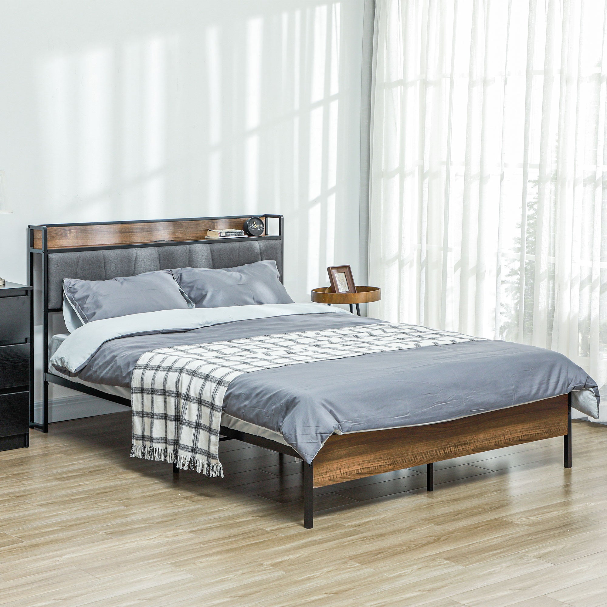 HOMCOM Full Size Bed Frame with Charging Station, Full Bed Frame with Upholstered Headboard and Storage Shelf, Walnut