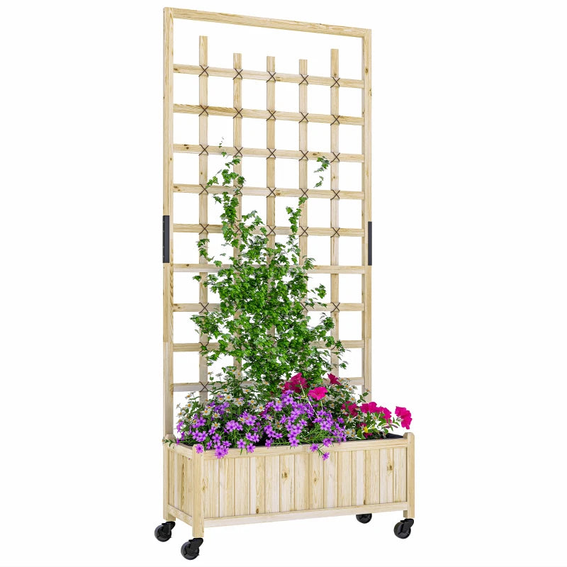 Wooden Planter with Trellis, Raised Garden Bed with Wheels, Drainage Holes for Climbing Plants, Flowers, Nature Wood