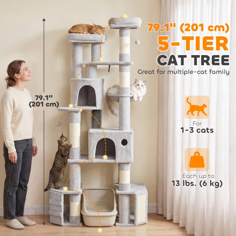79" Tall Cat Tree for Large Cats with 2 Condos, 2 Beds, Hammock & 5 Scratching Posts