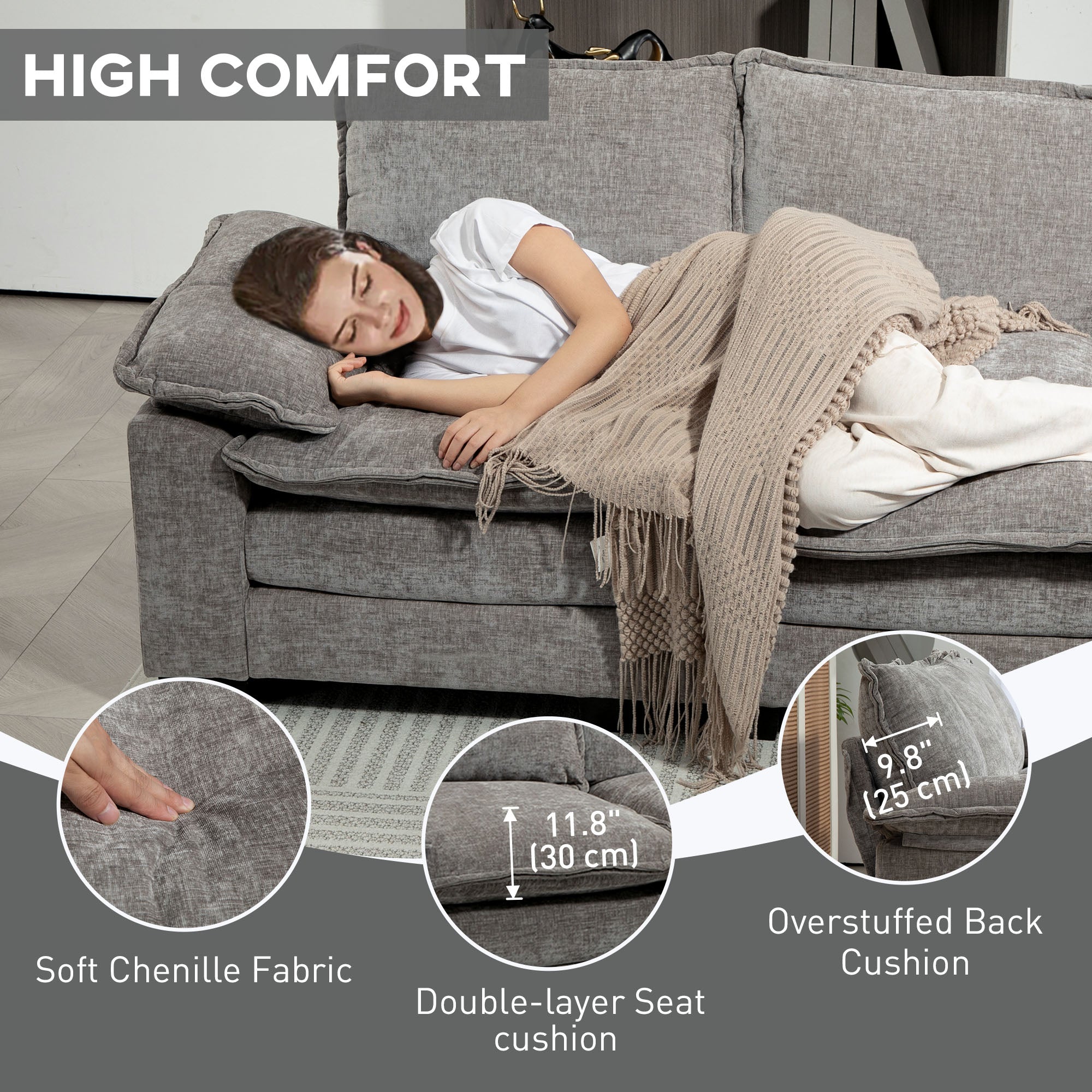 HOMCOM Sofa Couch with Chaise Lounge, Chenille L-shaped Couch with Double-layer Seat Cushion for Living Room, Grey