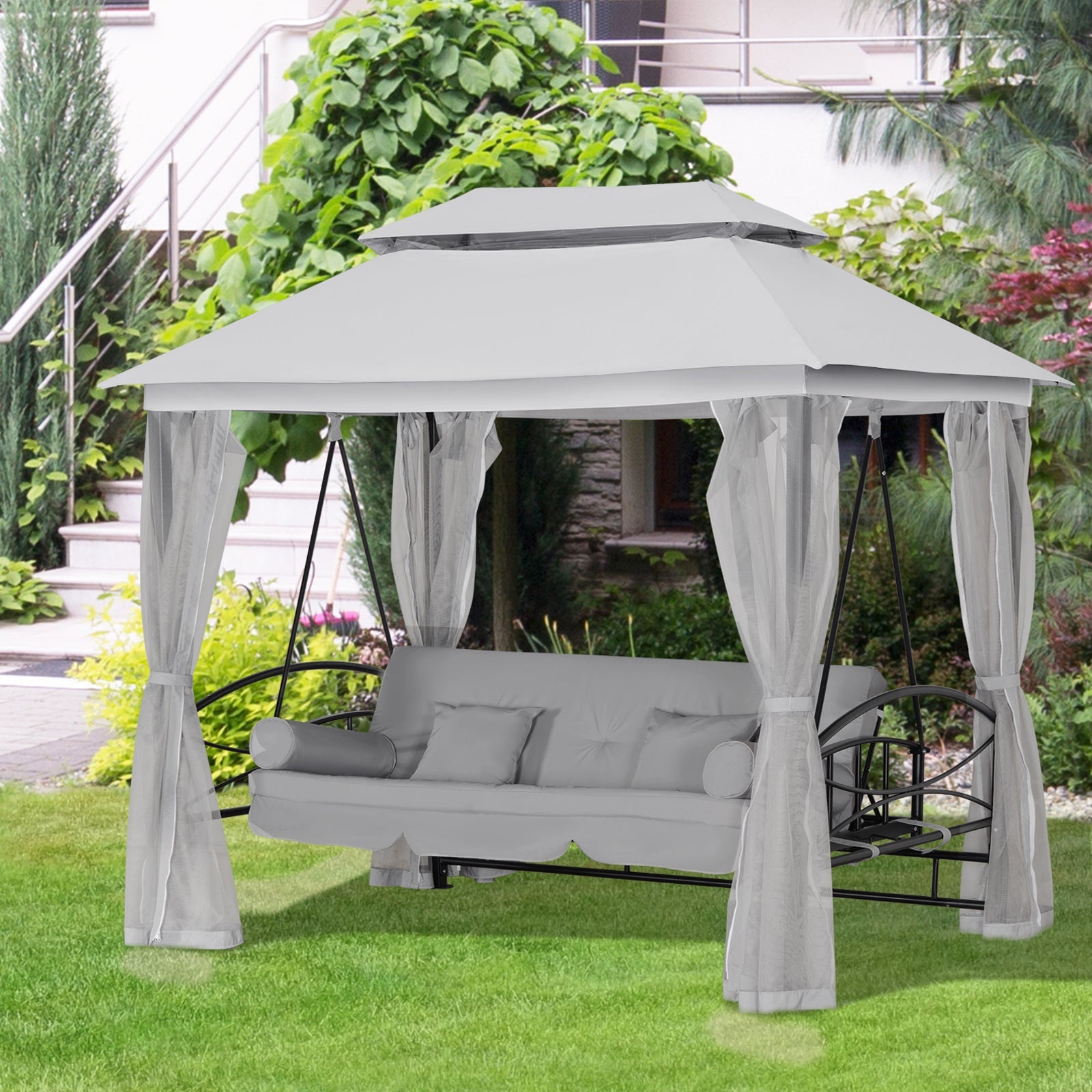 Outsunny 3 Person Outdoor Patio Daybed, 3 in 1 Canopy Gazebo Swing Chair Garden Hammock with Mesh Mosquito and Sun Shade, Grey