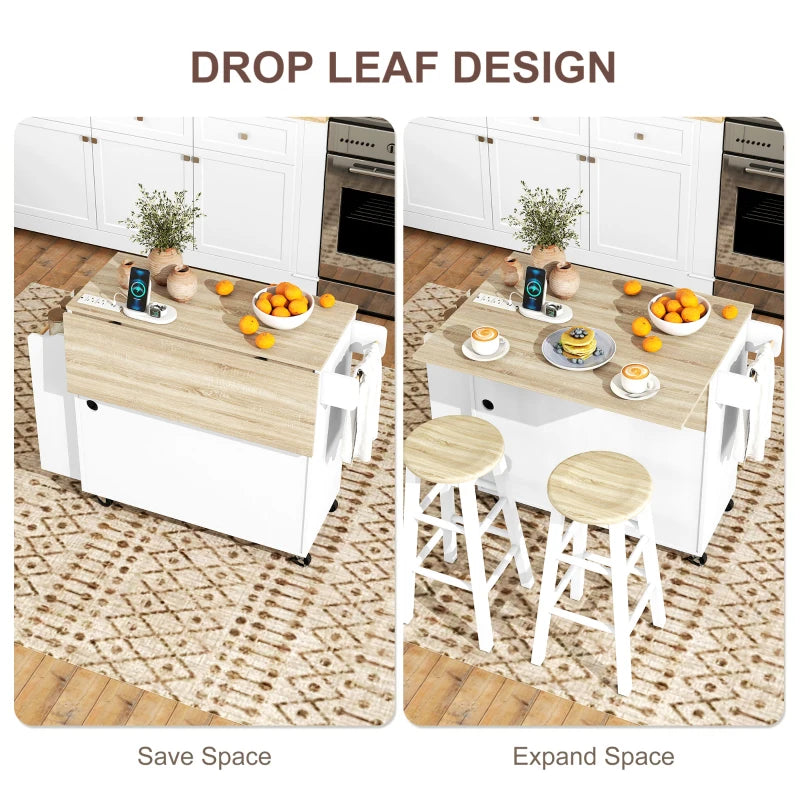 Kitchen Island with Storage, Rolling Kitchen Cart with Foldable Drop Leaf, Power Outlet and USB Ports, White