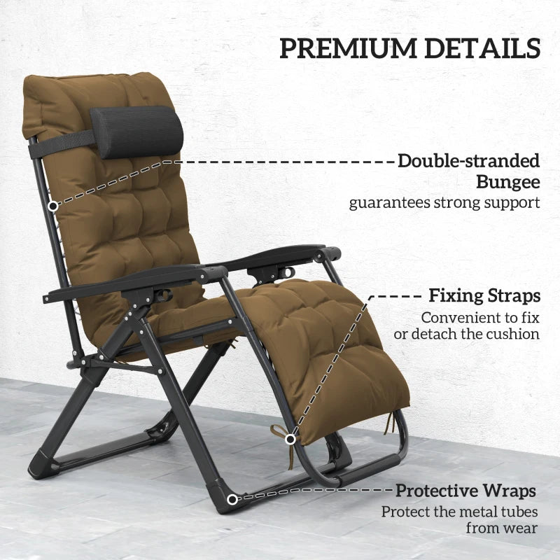 Folding Garden Chairs Set of 2, Reclining Zero Gravity Chair, Sun Lounger with Cushion and Headrest, Khaki