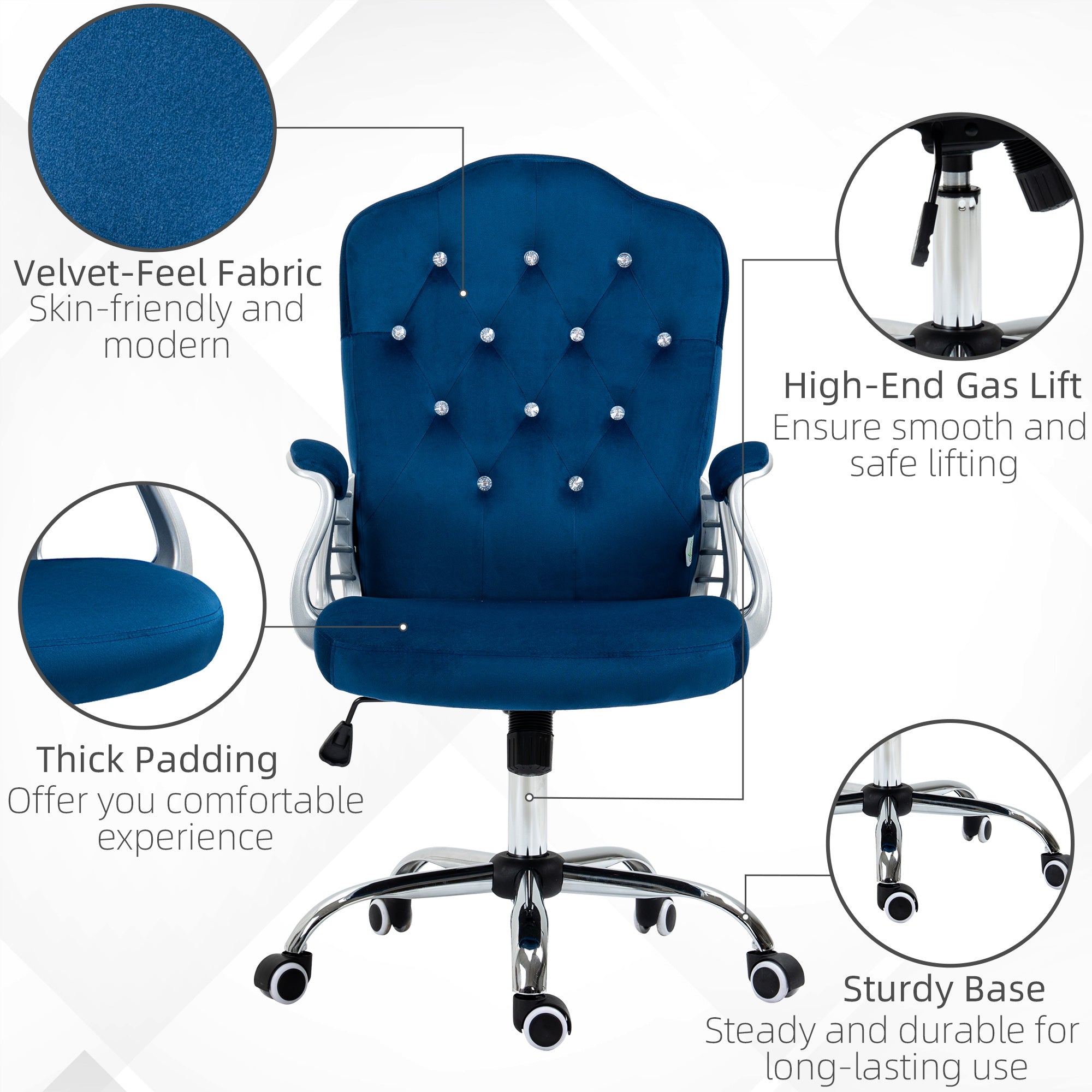 Vinsetto Elegant Velvet Office Chair: Blue Button Tufted, Swivel Desk Chair, Adjustable Height, Tilt Function