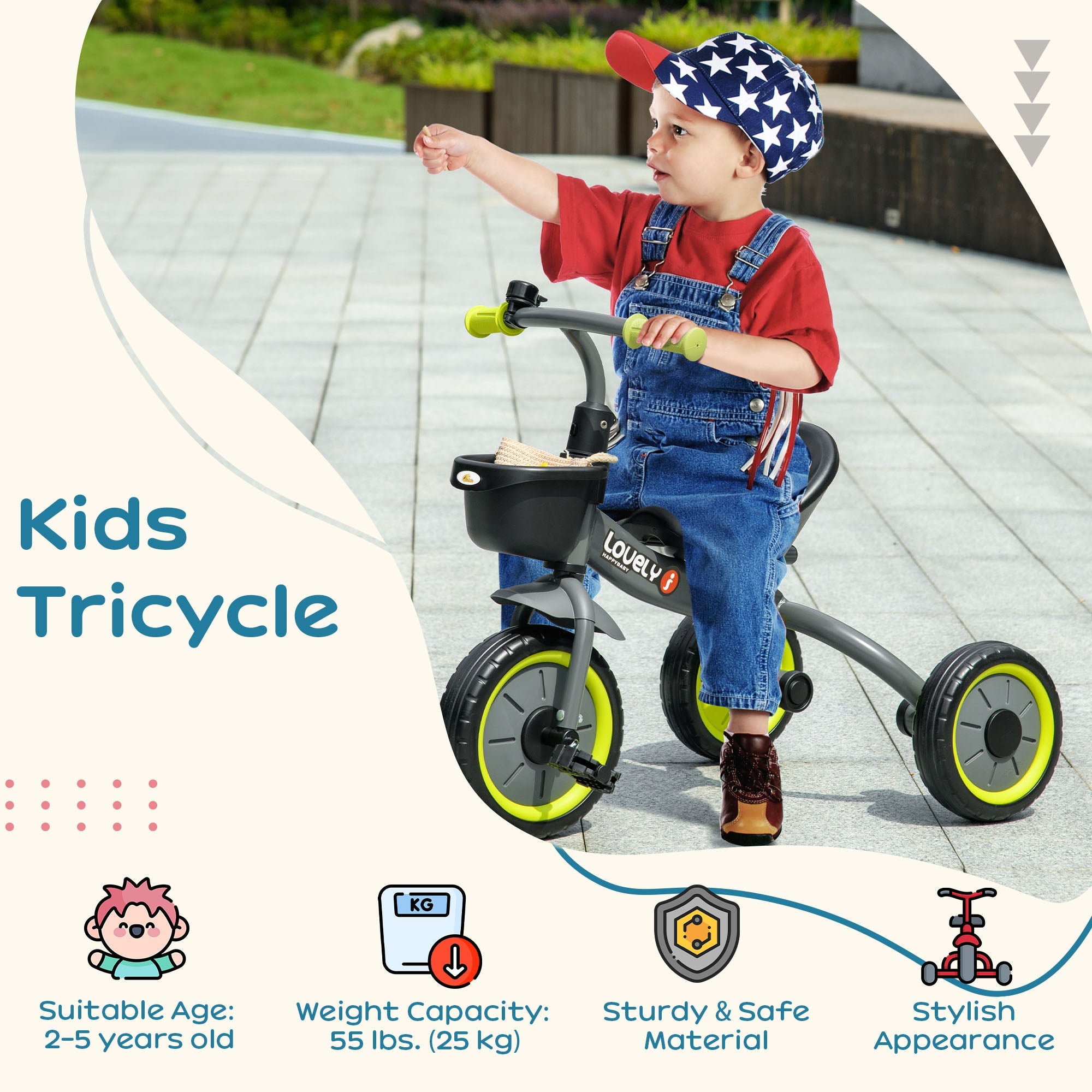 Qaba Kids Tricycle: Adjustable Seat 2-5 Years, Basket, Bell, for Girls/Boys, Black, Toddler Trike