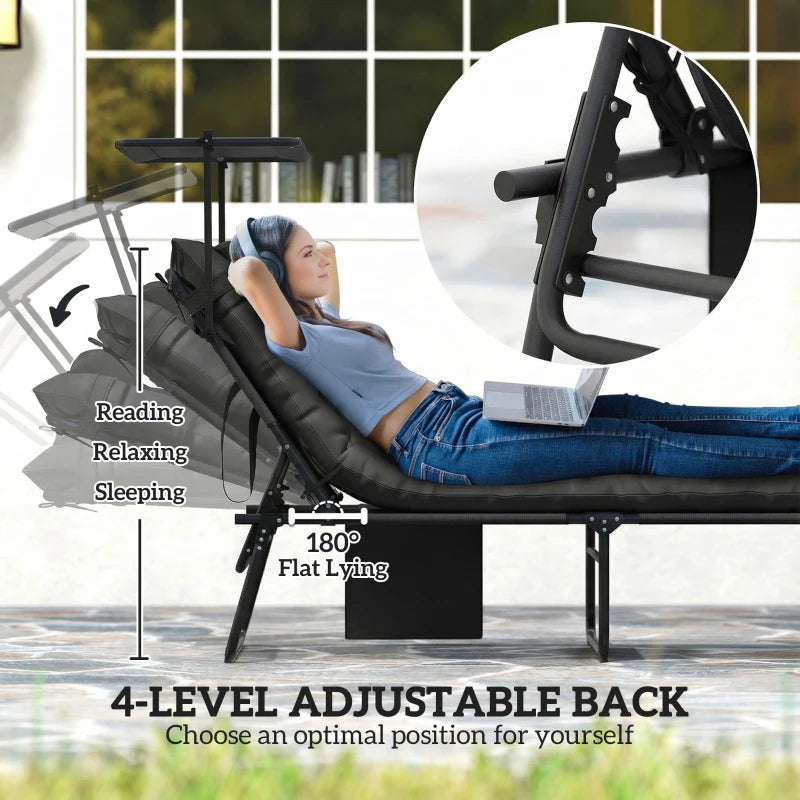Folding Lounge Chair with Adjustable Canopy, 4-Position Outdoor Tanning Chair with Headrest, Black