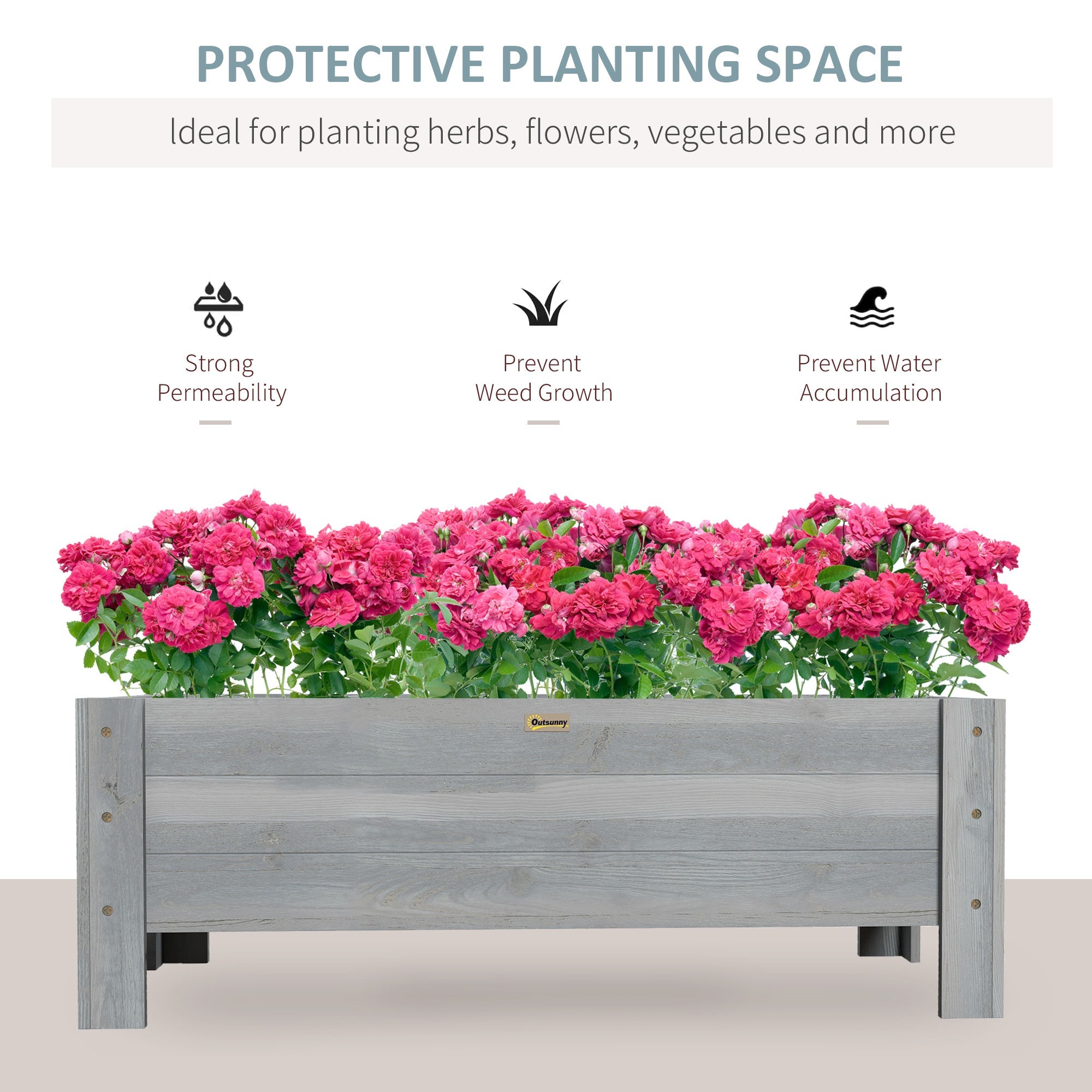 Outsunny Raised Garden Bed 3.3' x 1.2' x 1.2' Fir Wood Leaking Holes Elevated Planter Outdoor Plant Grey