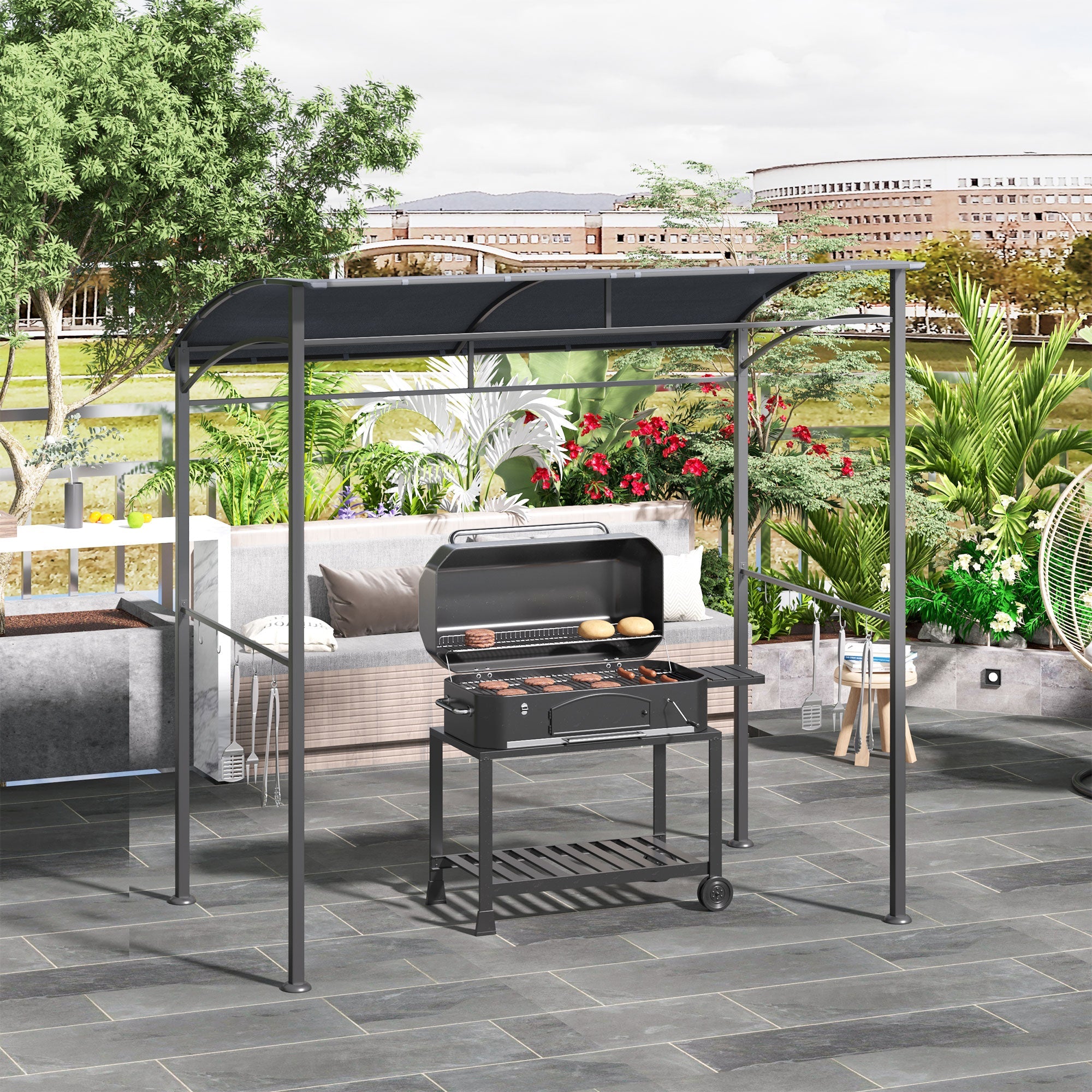Outsunny BBQ Grill Gazebo 7'x5', Outdoor Tent with Metal Frame, Canopy, Hooks, Sun Shade